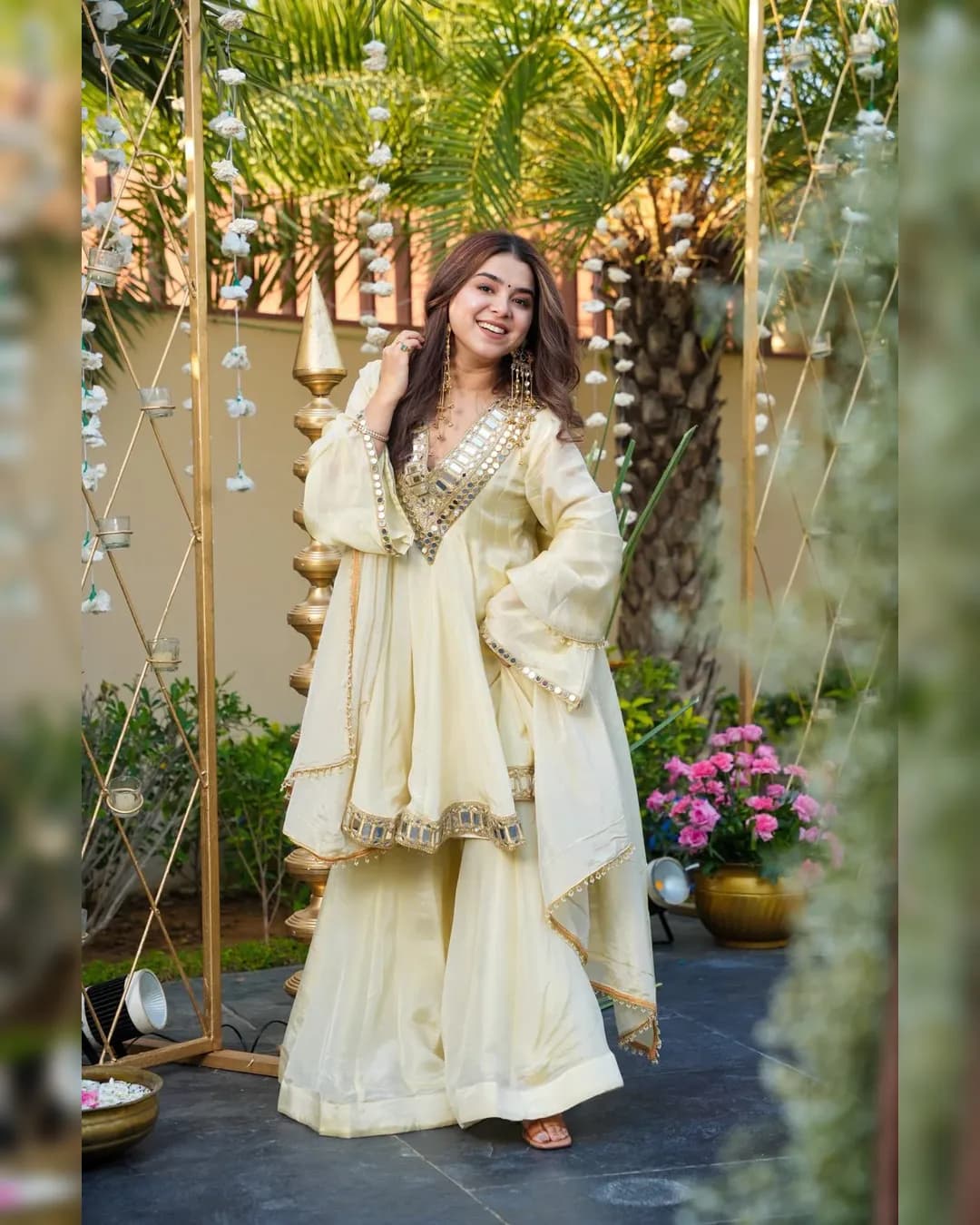 Premium Cosmos Fabric Top–Plazo–Dupatta Set | Real Mirror & Thread Work alternate view