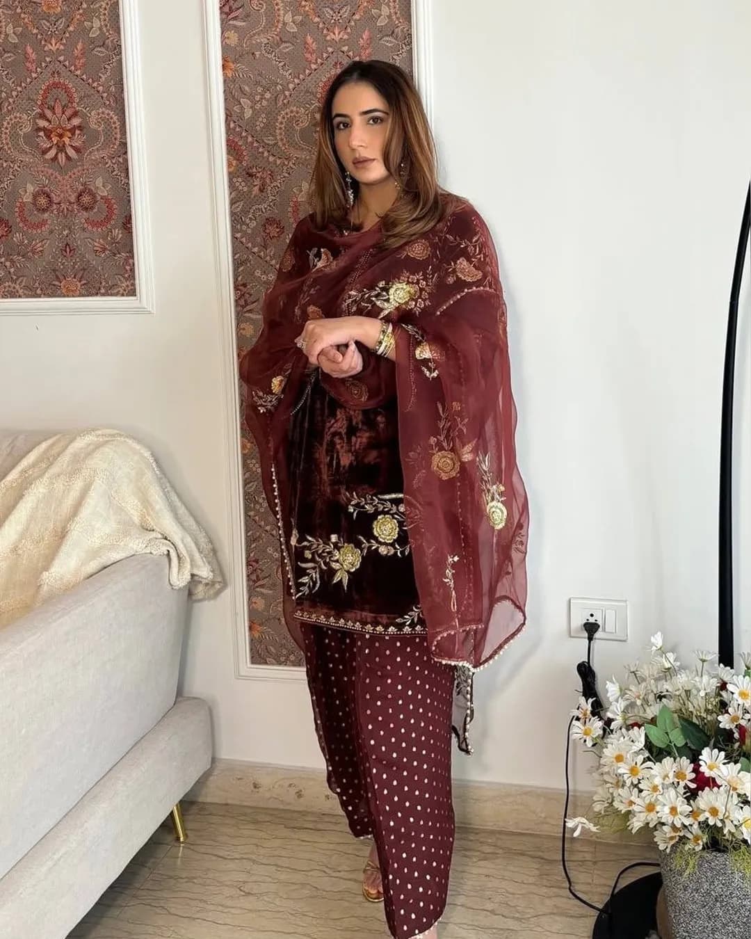 Winter Special Velvet Designer Kurta Plazzo Set with Heavy Sequence Embroidery & Organza Dupatta