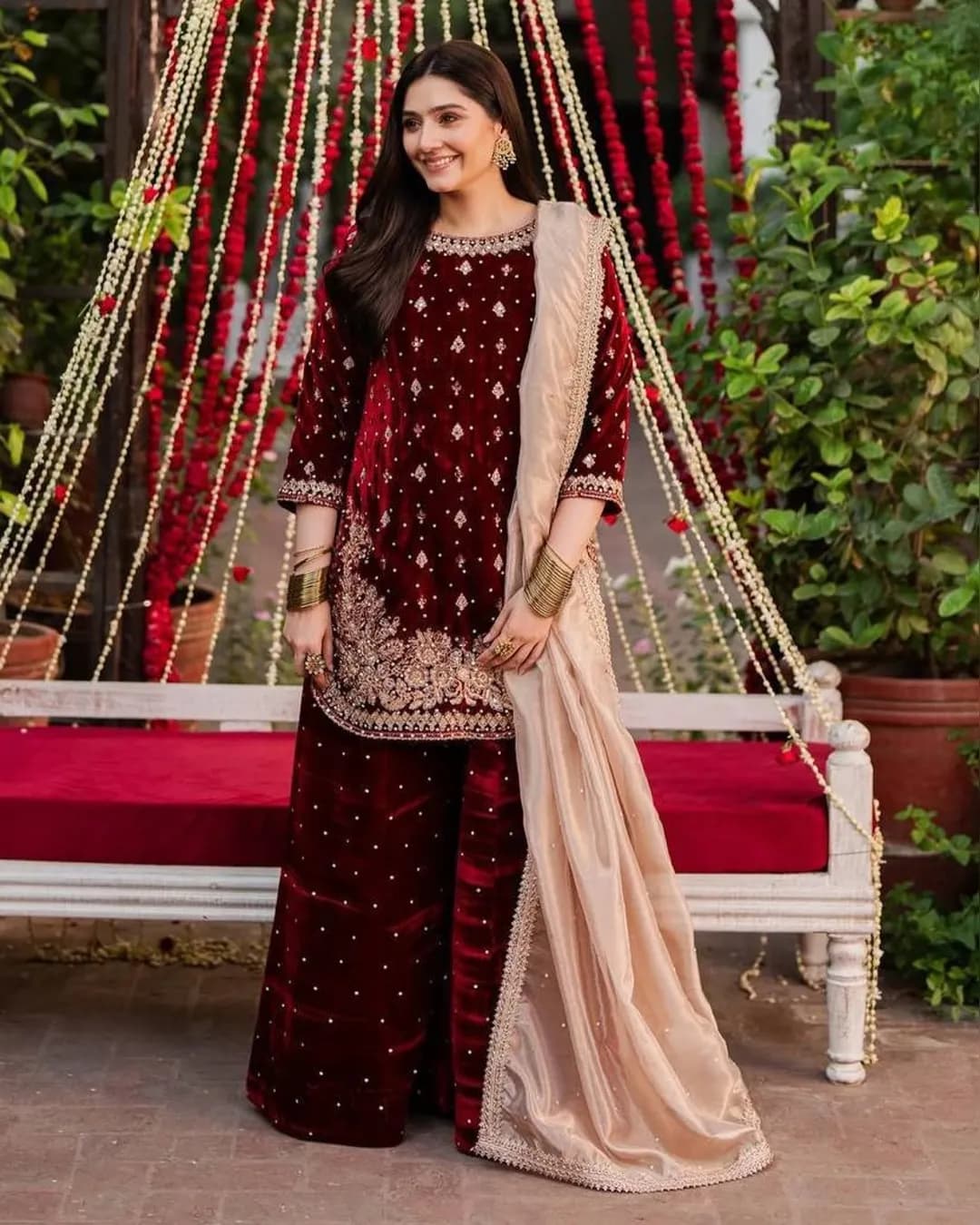 Wedding Special Heavy Viscose Velvet Thread & Sequins Work Top–Plazzo–Dupatta Set