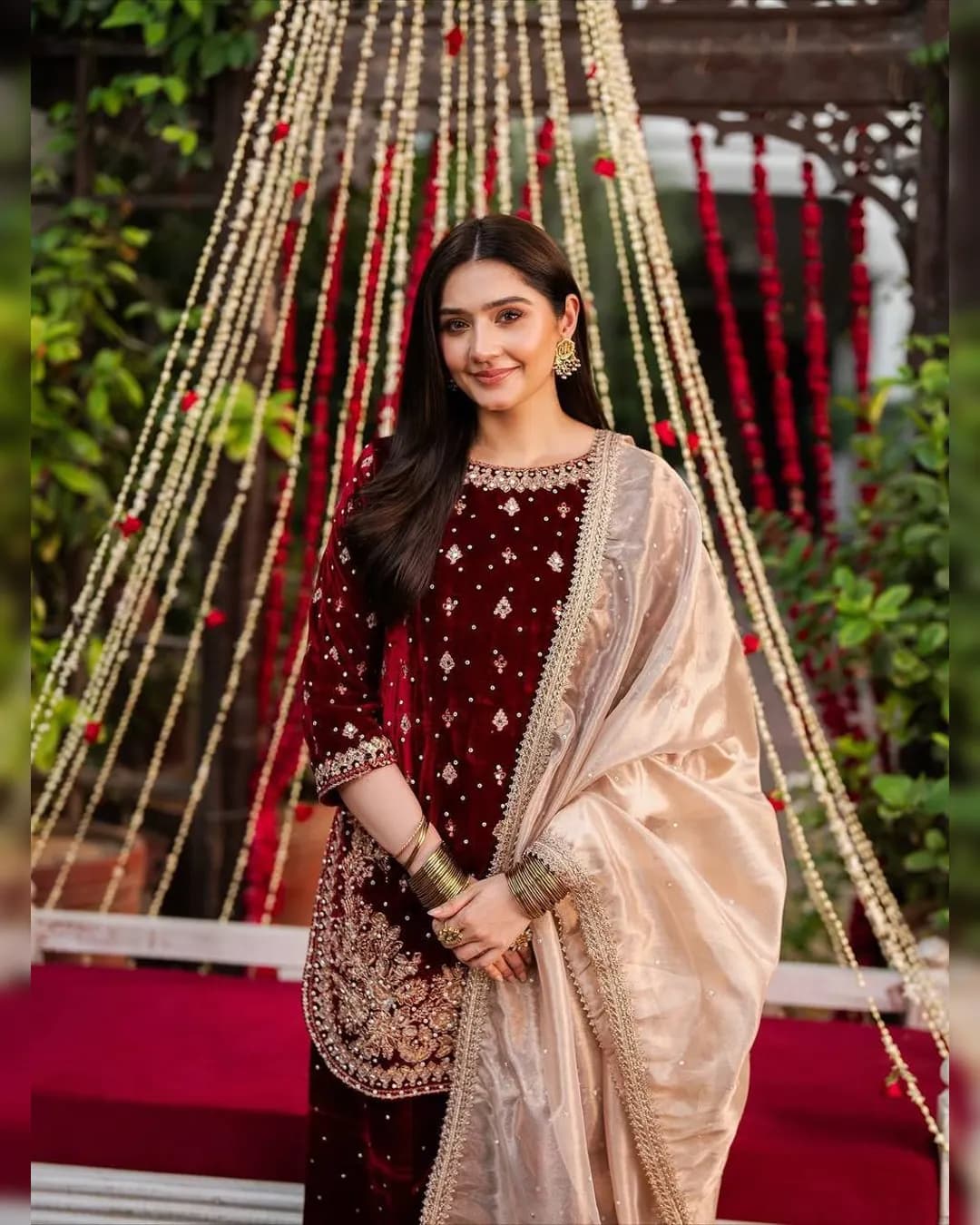 Wedding Special Heavy Viscose Velvet Thread & Sequins Work Top–Plazzo–Dupatta Set alternate view