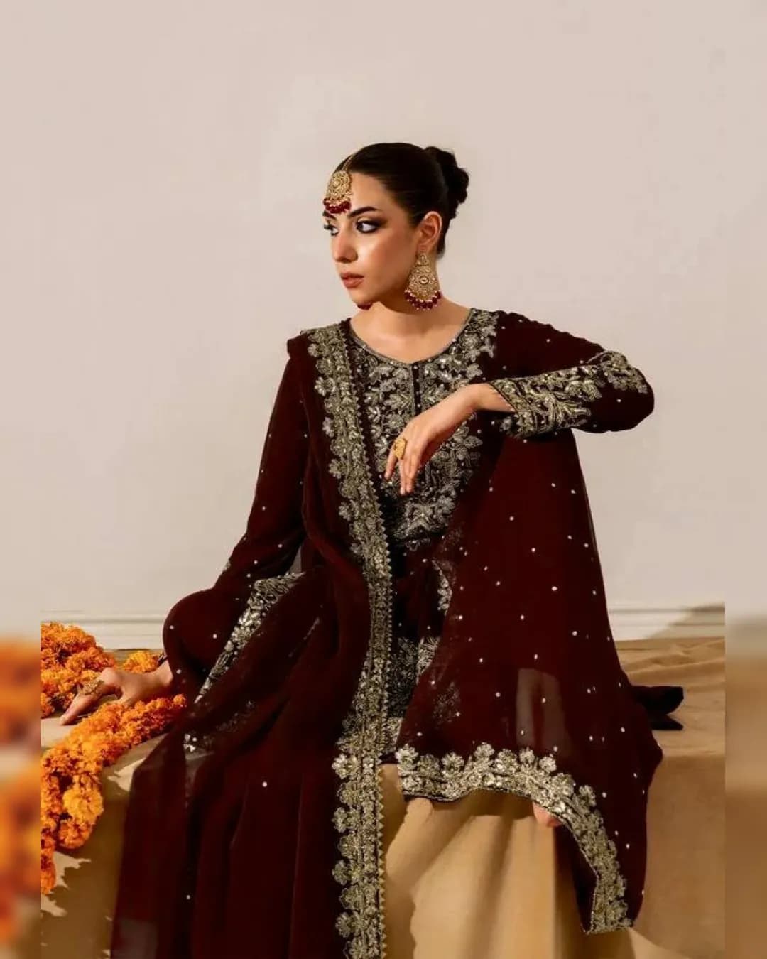 Elegant Coding Embroidered Sequence & Moti Work Designer Velvet Set alternate view