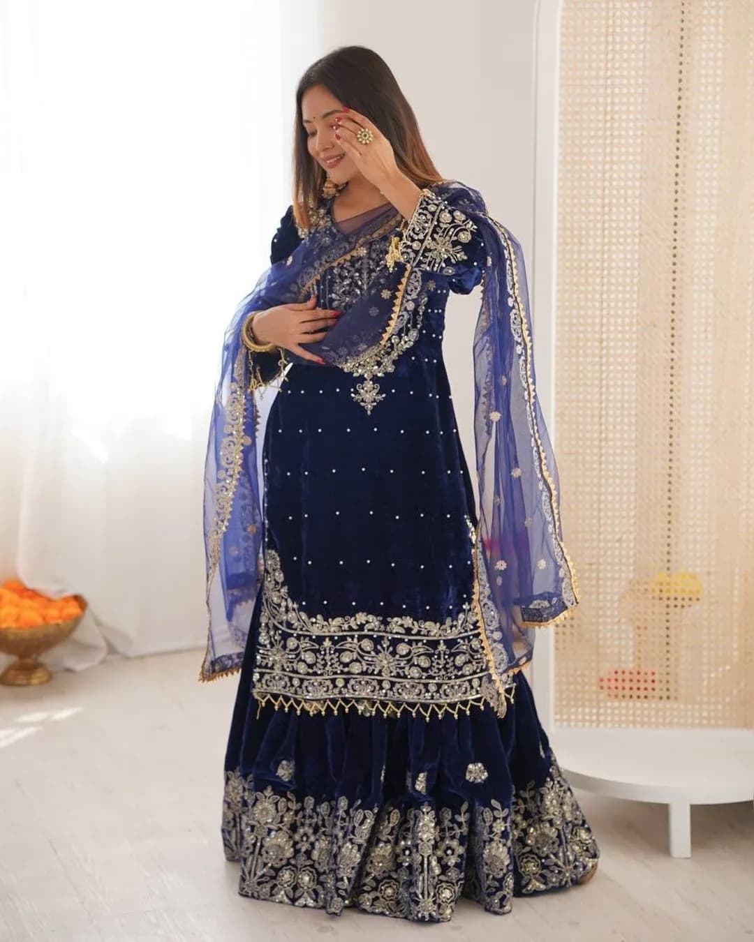 Premium Velvet Cording Dori Embroidered Top Sharara Dupatta Set