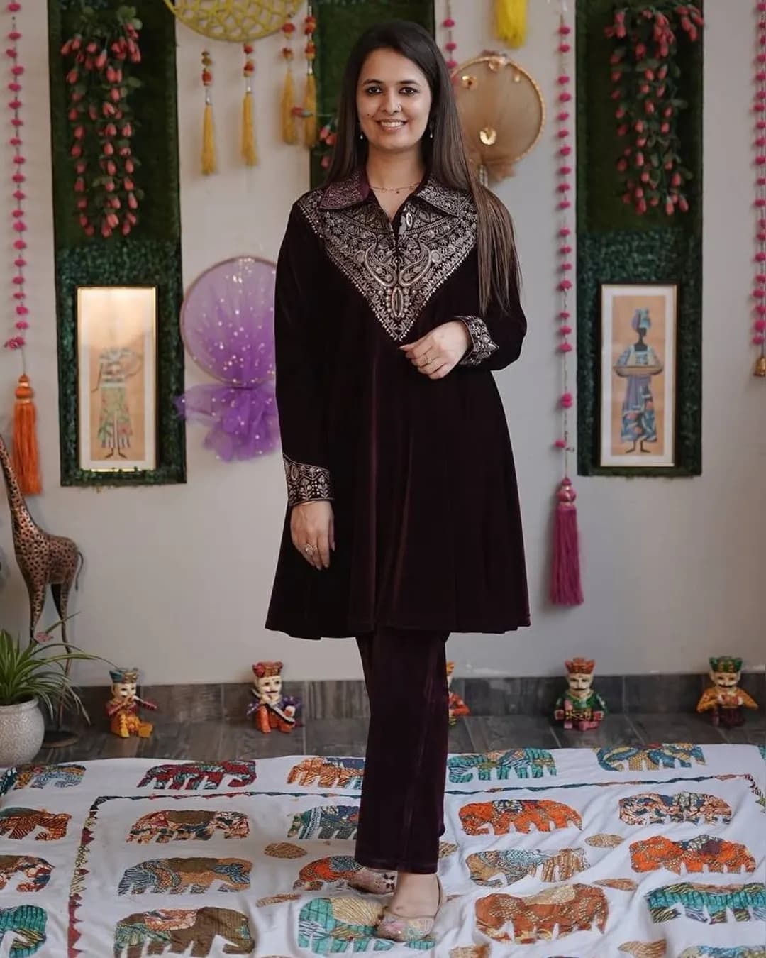 Winter Special Velvet Kurta-Plazzo Set with Sequence Embroidery Work