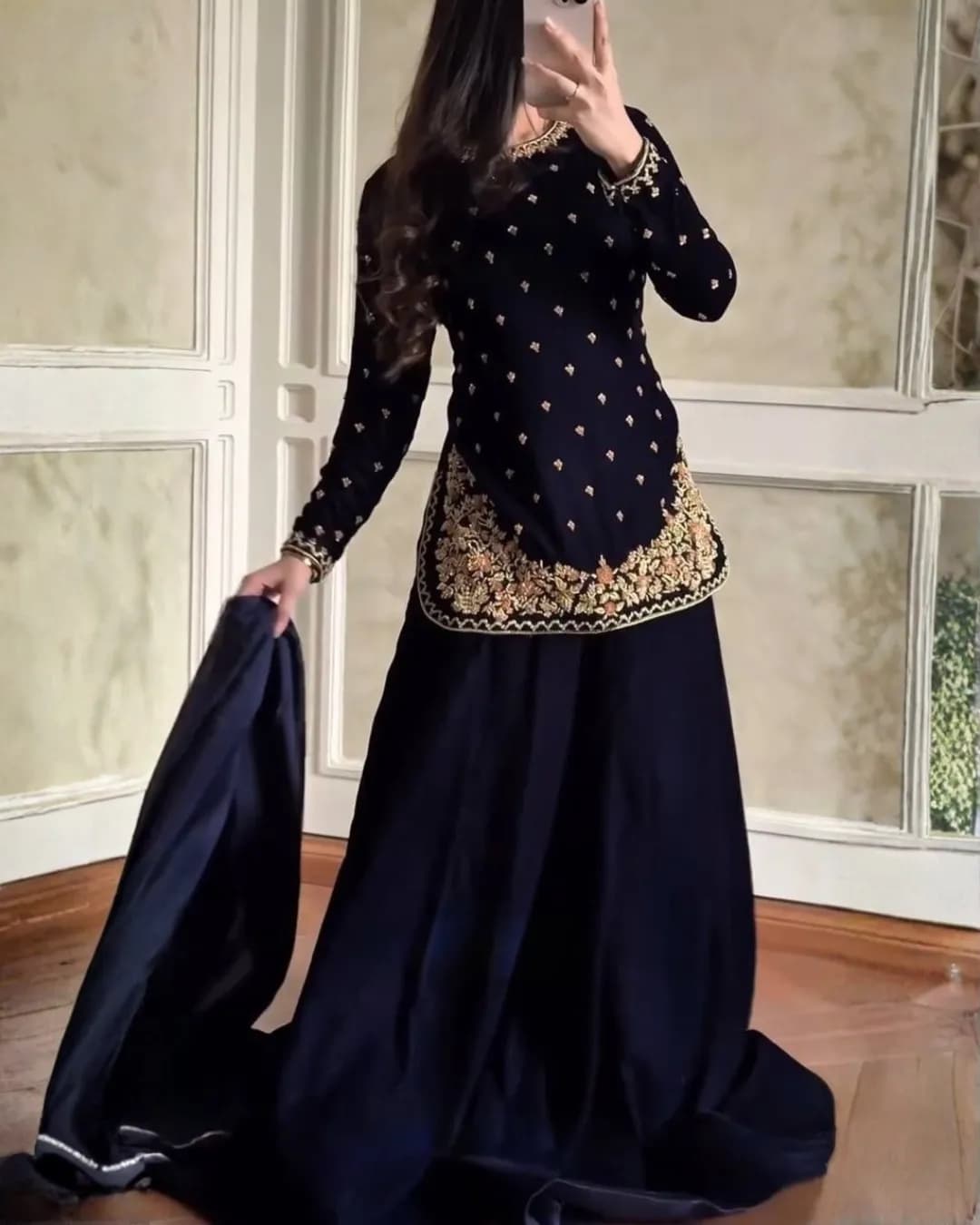 New Designer Thread & Sequence Work Viscose Velvet Top–Plazzo–Dupatta Set