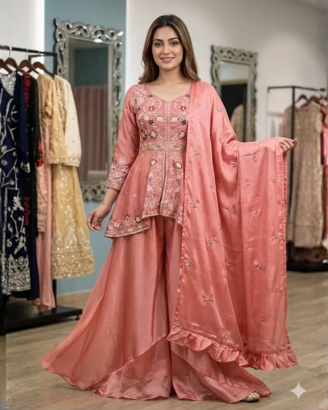 Exclusive Wedding Season Sequins Embroidered Top Plazzo with Dupatta Set