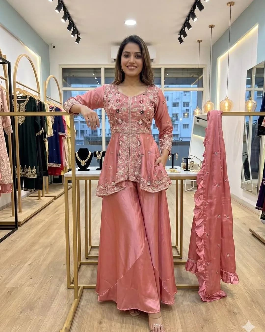 Exclusive Wedding Season Sequins Embroidered Top Plazzo with Dupatta Set alternate view
