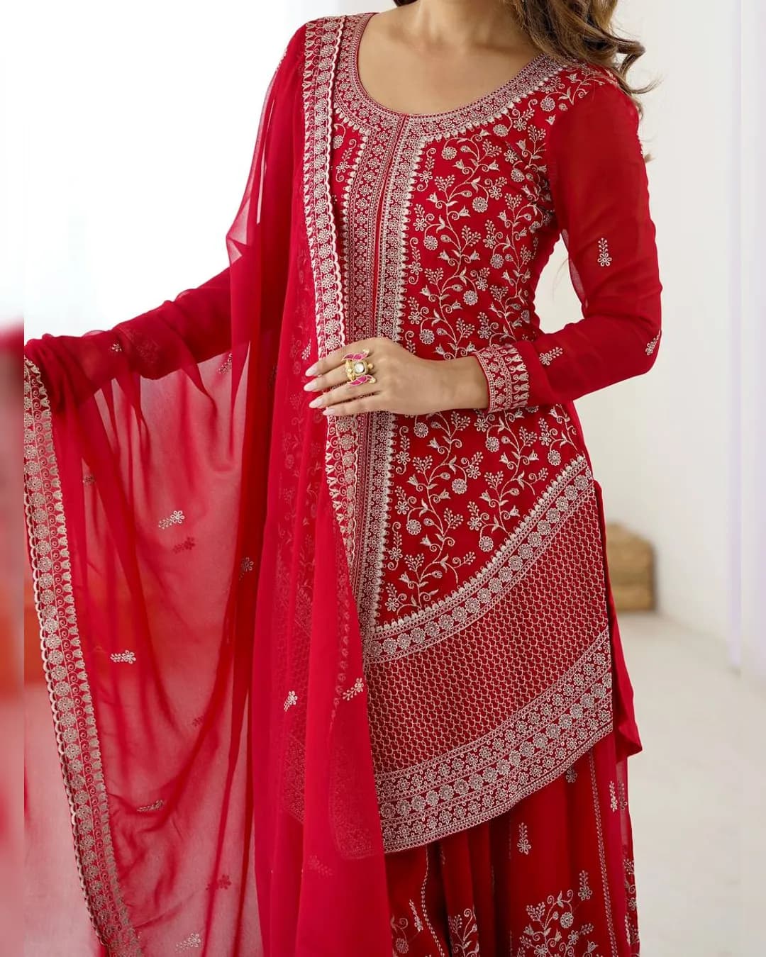 Premium Faux Georgette Embroidered Top–Plazzo Set with Sequin & Thread Detailing and Dupatta alternate view