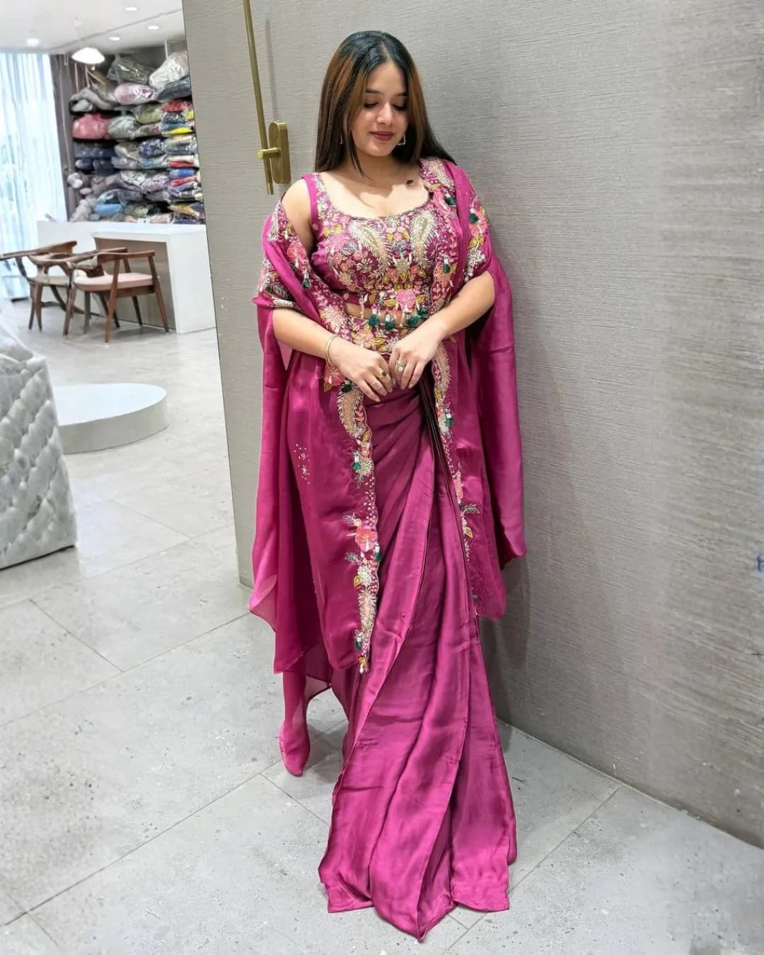 Designer 3-Piece Indo-Western Set – Shrug, Dhoti & Blouse with Sequence Embroidery & Tassels