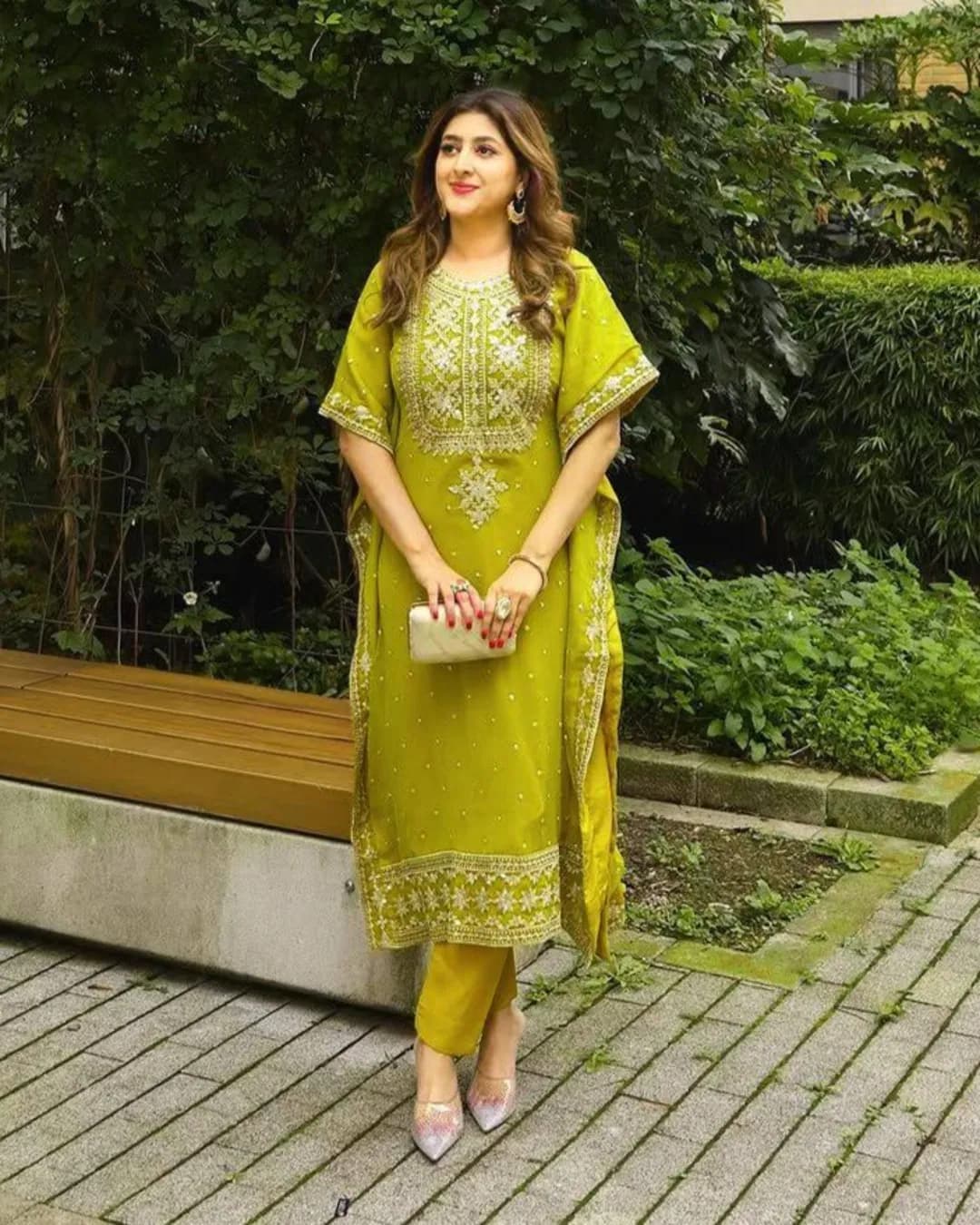 Premium Faux Georgette Kaftan–Pant Set with Sequins & Zari Embroidery