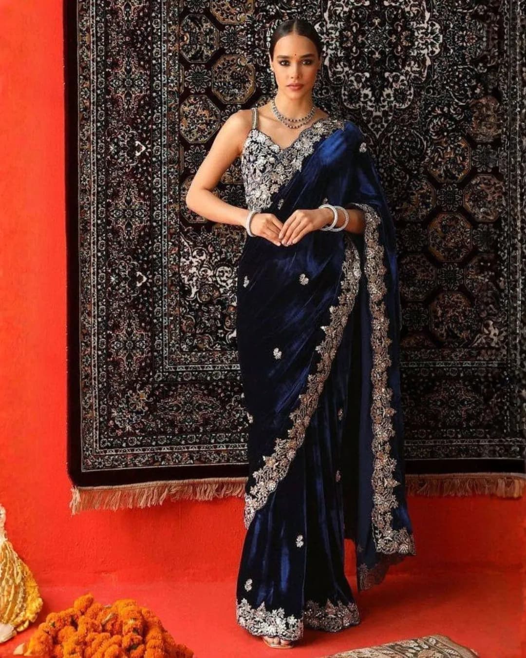 Designer Viscose Velvet Saree with Thread & Sequin Work