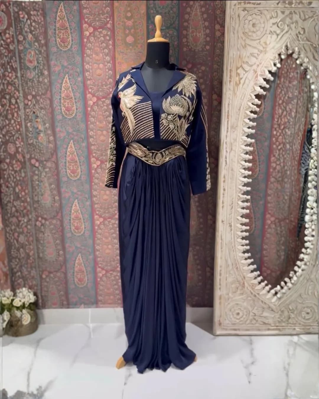 Designer Indo-Western 3-Piece Set with Sequence Embroidery – Koti, Blouse & Draped Skirt