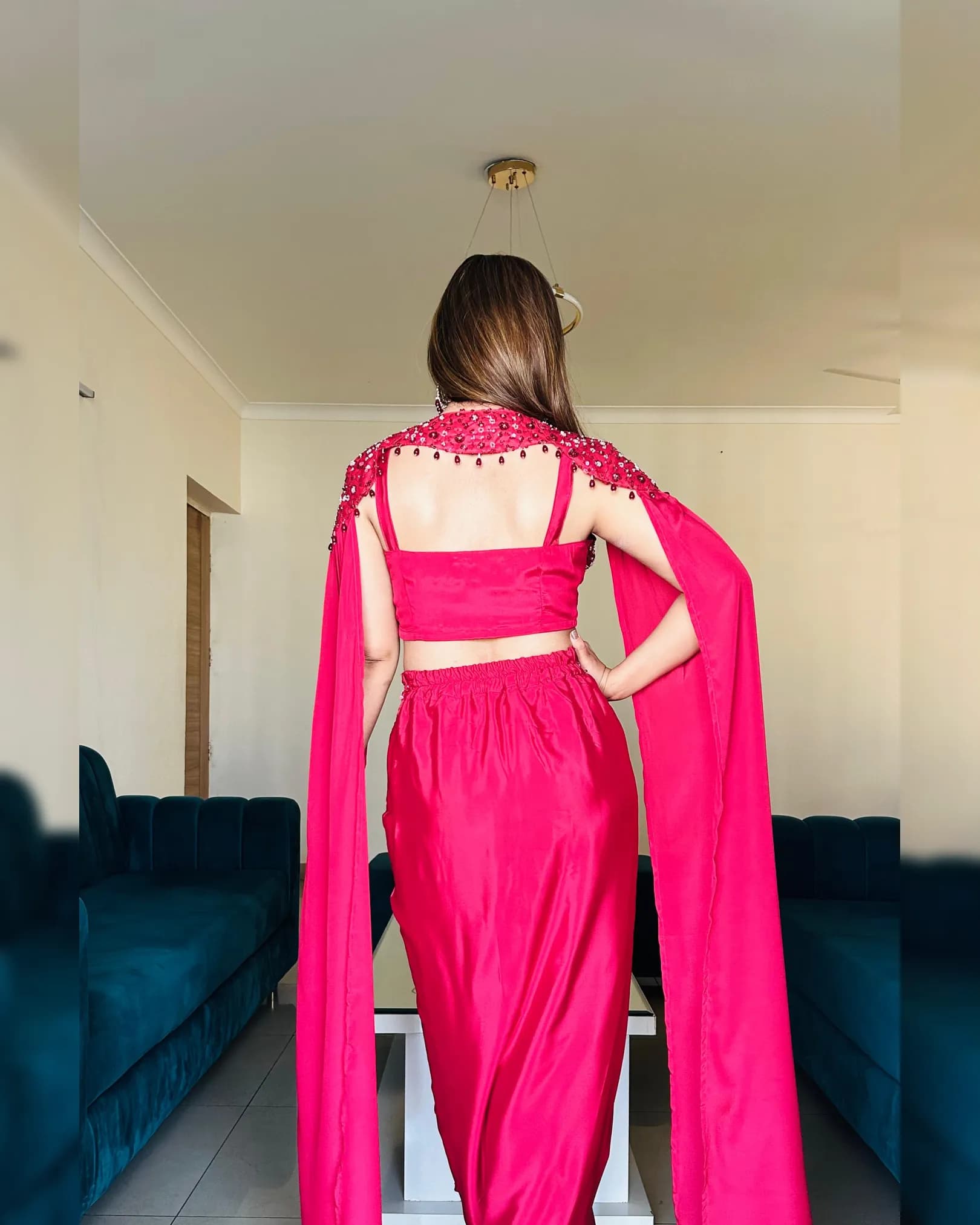 Wedding Season Stunner – Designer Drape Skirt, Crop Top & Cape Set with Sequins & Beads Work alternate view