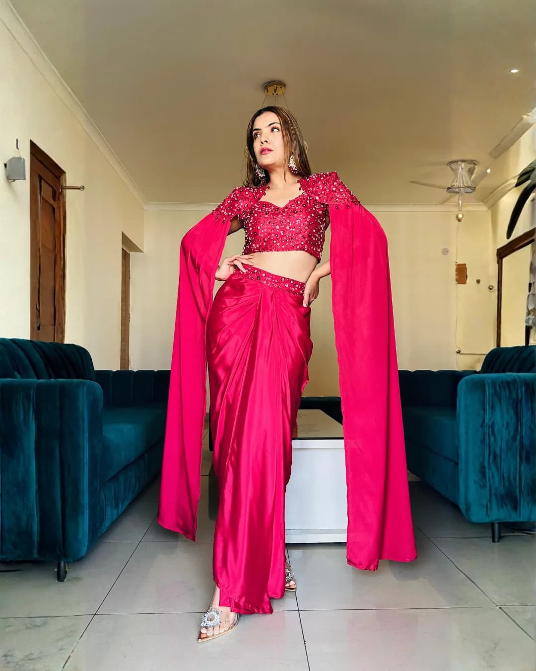 Wedding Season Stunner – Designer Drape Skirt, Crop Top & Cape Set with Sequins & Beads Work