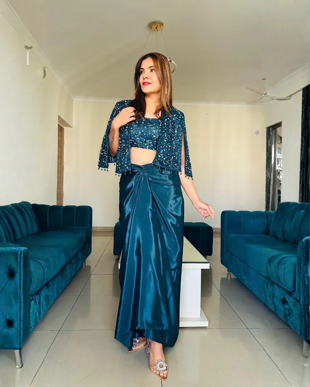 Wedding Collection Teal Crepe Silk Ready-to-Wear Drape Skirt Set with Crop Top & Jacket