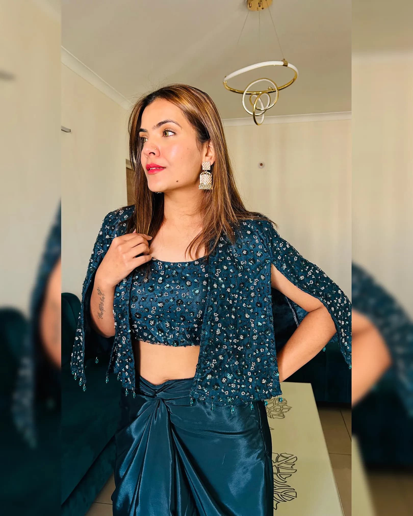 Wedding Collection Teal Crepe Silk Ready-to-Wear Drape Skirt Set with Crop Top & Jacket alternate view