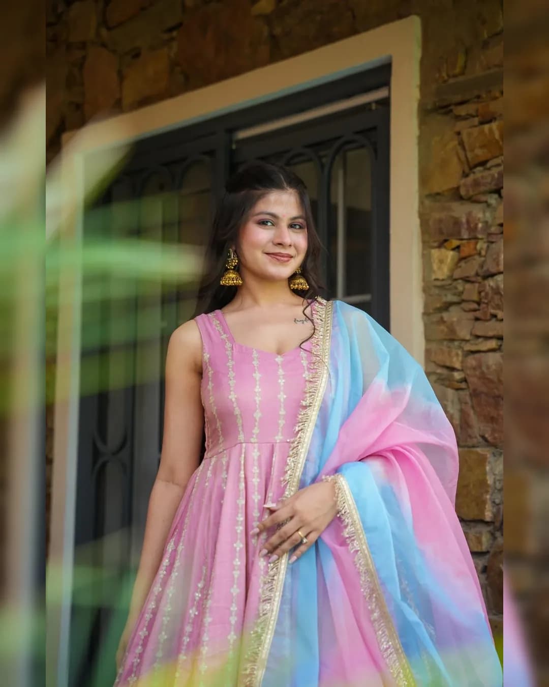 Designer Chinon Silk Anarkali Pant Set with Organza Dupatta alternate view