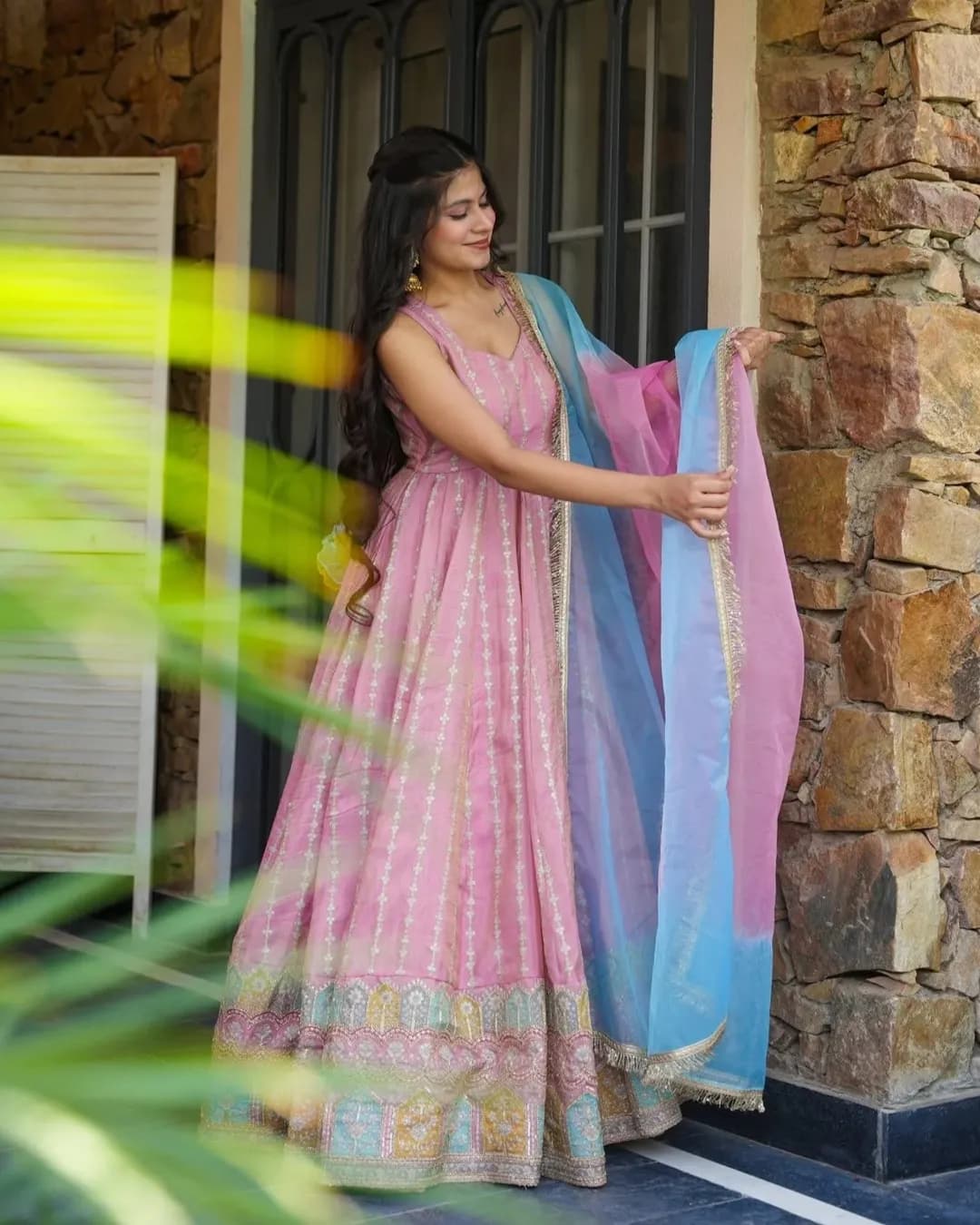 Designer Chinon Silk Anarkali Pant Set with Organza Dupatta