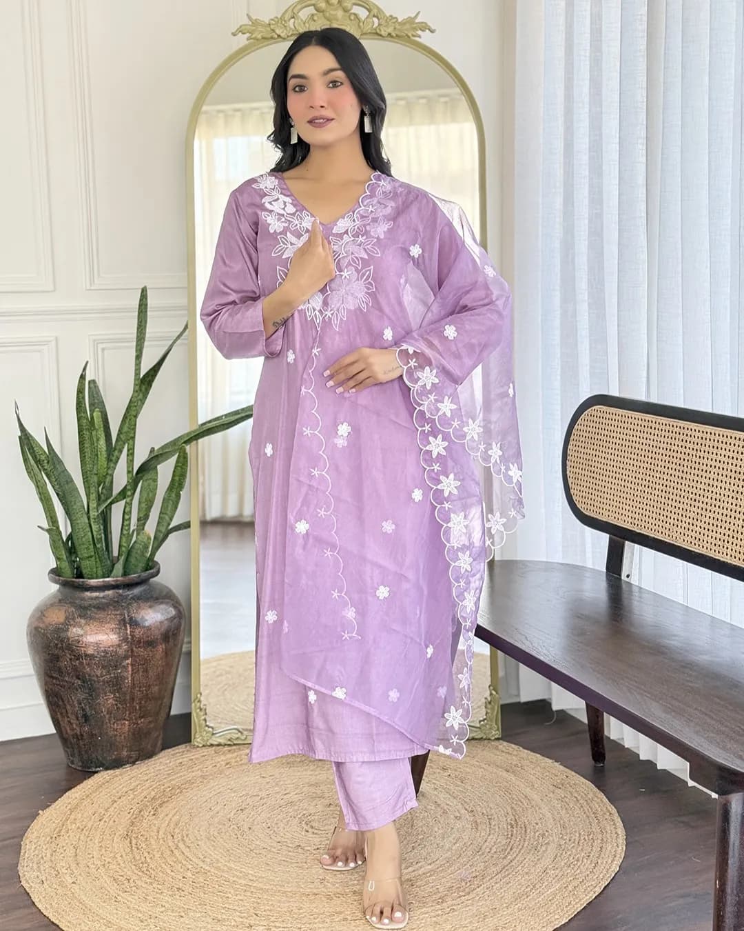 Elegant Rayon Kurta-Pant with Organza Dupatta and Embroidery Work