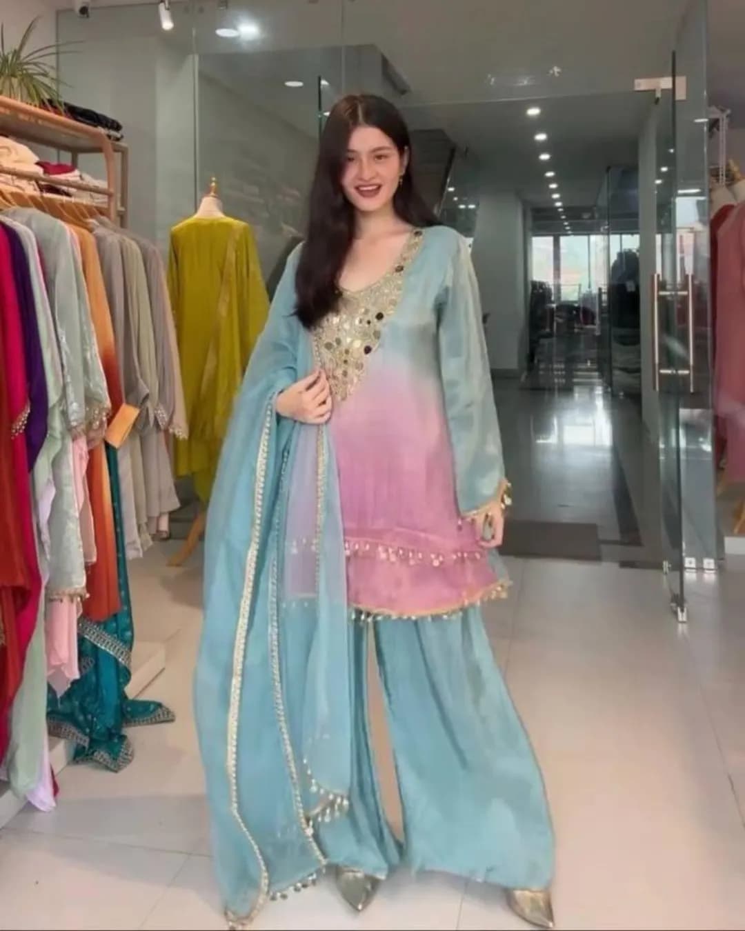 Exclusive Printed Crepe Silk Top–Plazzo with Organza Dupatta (3-Piece Set)