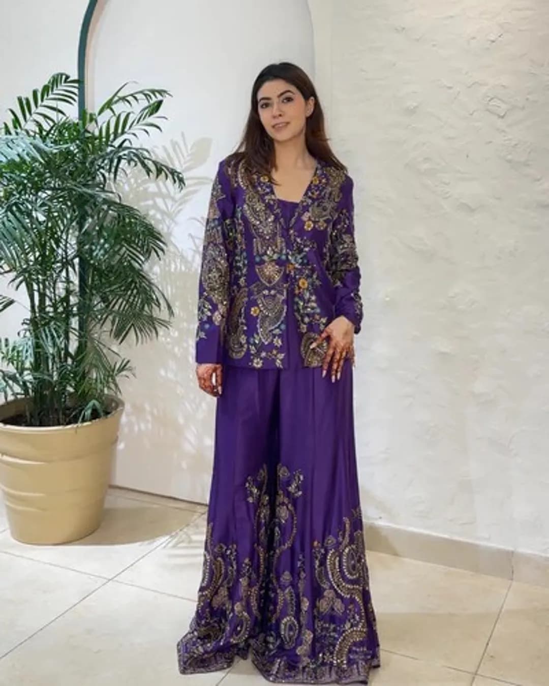 Designer Chinon Koti Plazzo & Blouse Set with Sequin Embroidery – Wedding & Party Wear