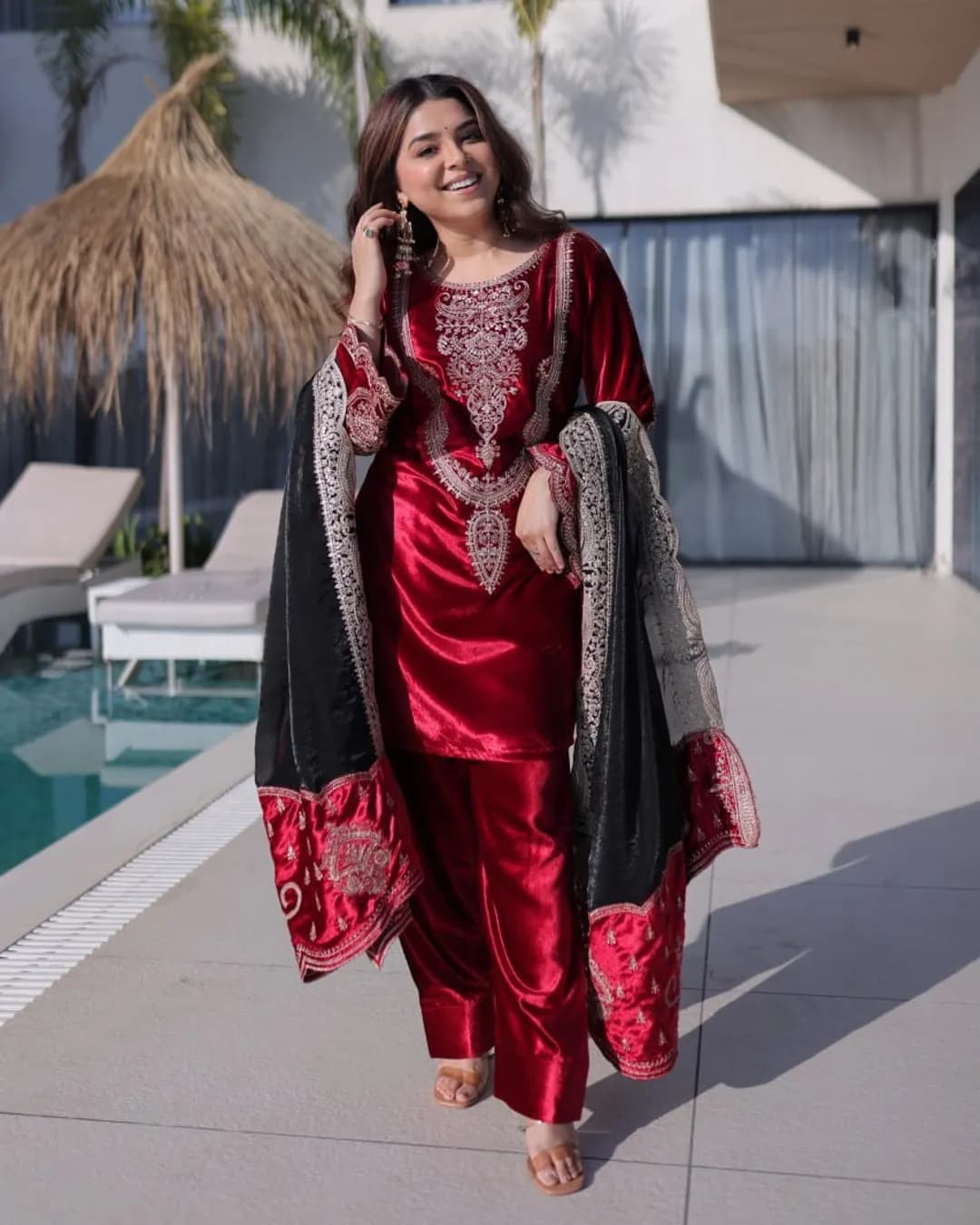 Ice Velvet Zari Embroidered Top–Pant with Dupatta | Elegant Party Wear Set