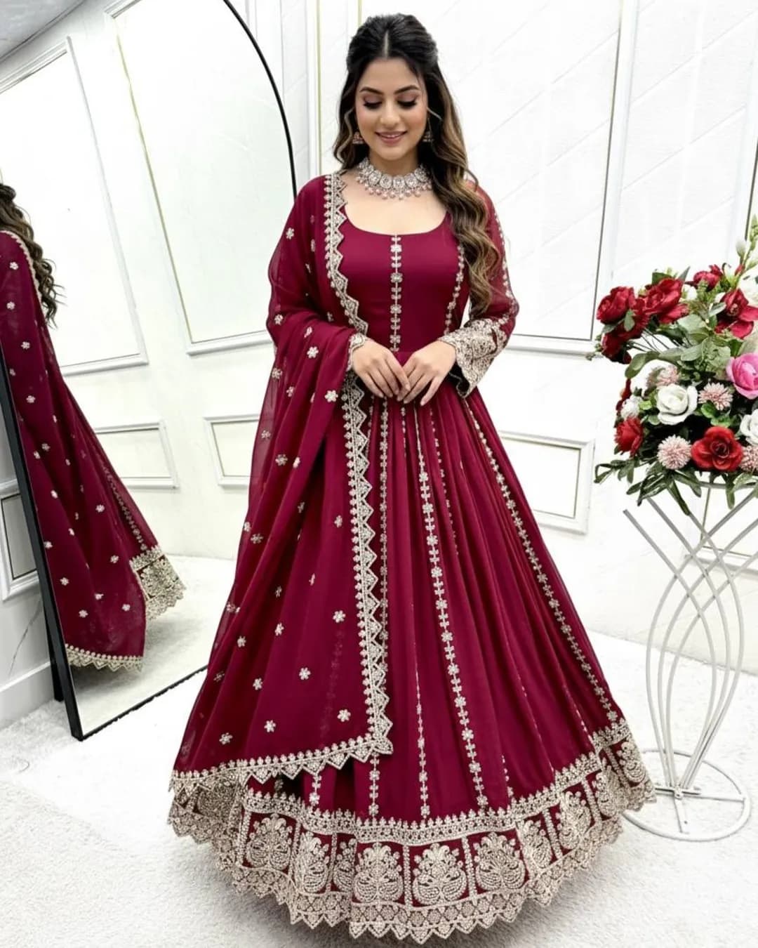 Designer Pure Blooming Georgette Gown Pant Dupatta Set with 5mm Sequins & Coding Dori Work