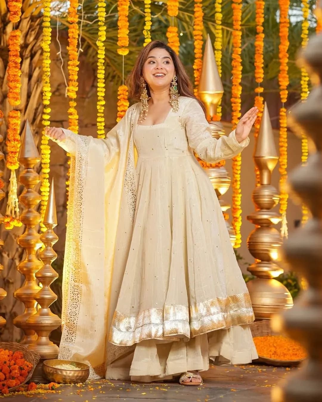 Heavy Chinnon Silk Gown-Plazzo-Dupatta Set with Mukesh Work – Festive & Wedding Wear