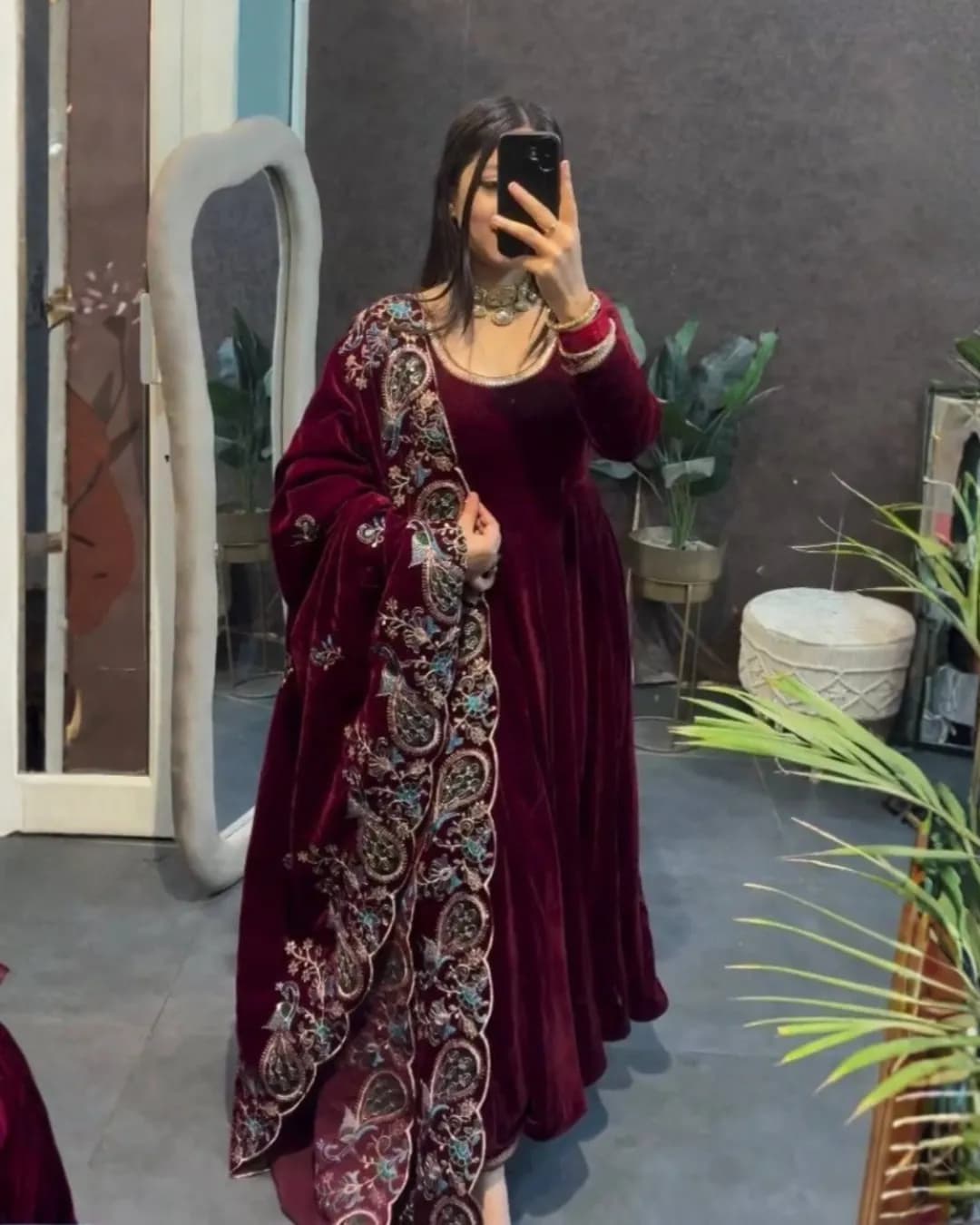 Designer Velvet Embroidered Gown with Pant & Heavy Dupatta Set