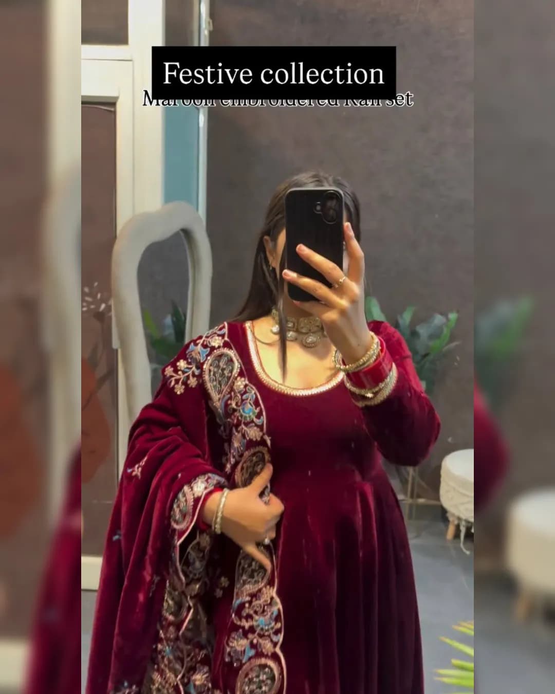 Designer Velvet Embroidered Gown with Pant & Heavy Dupatta Set alternate view