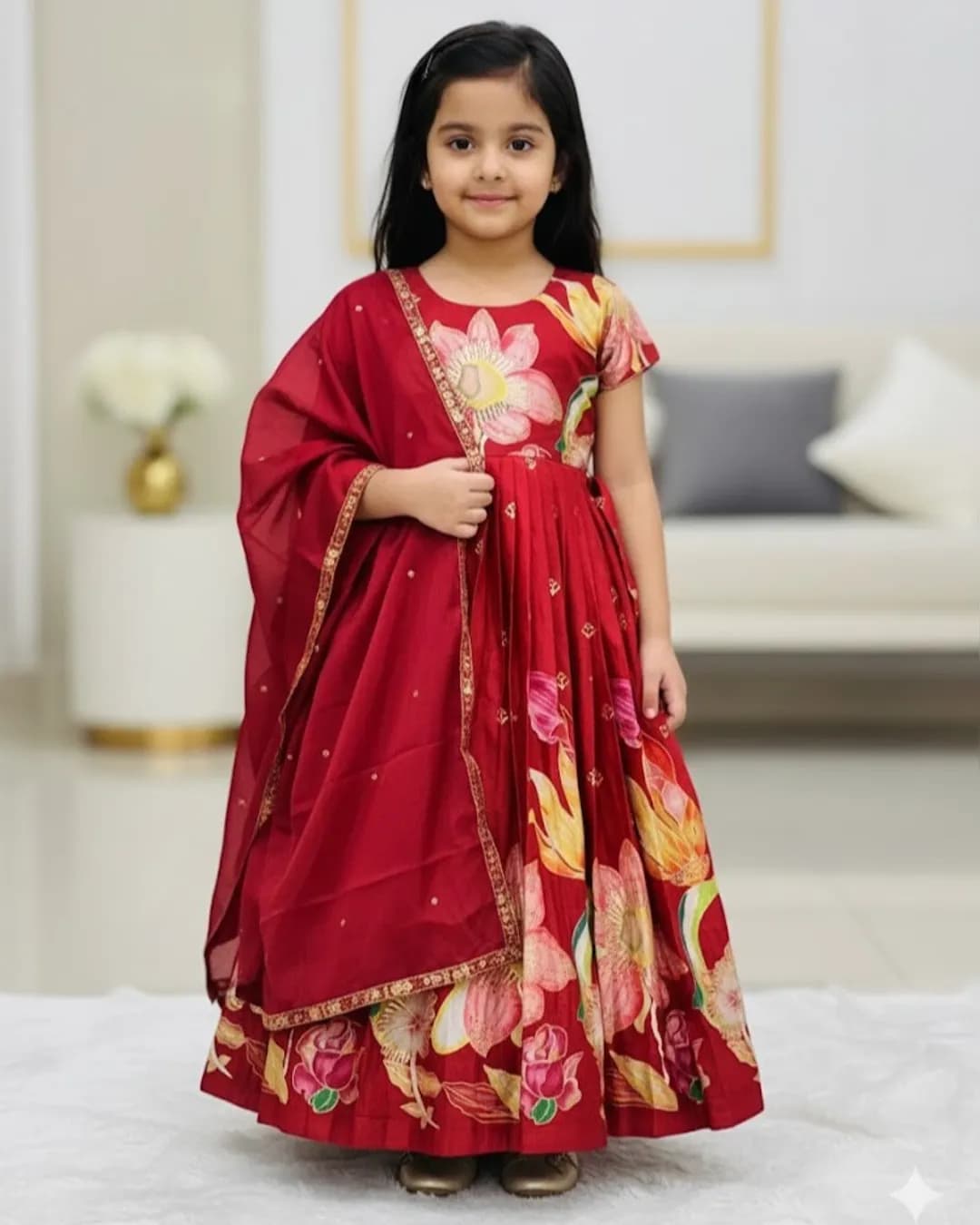 Kids Designer Pure Chinon Silk Full Flare Gown with Heavy Foil Print Work