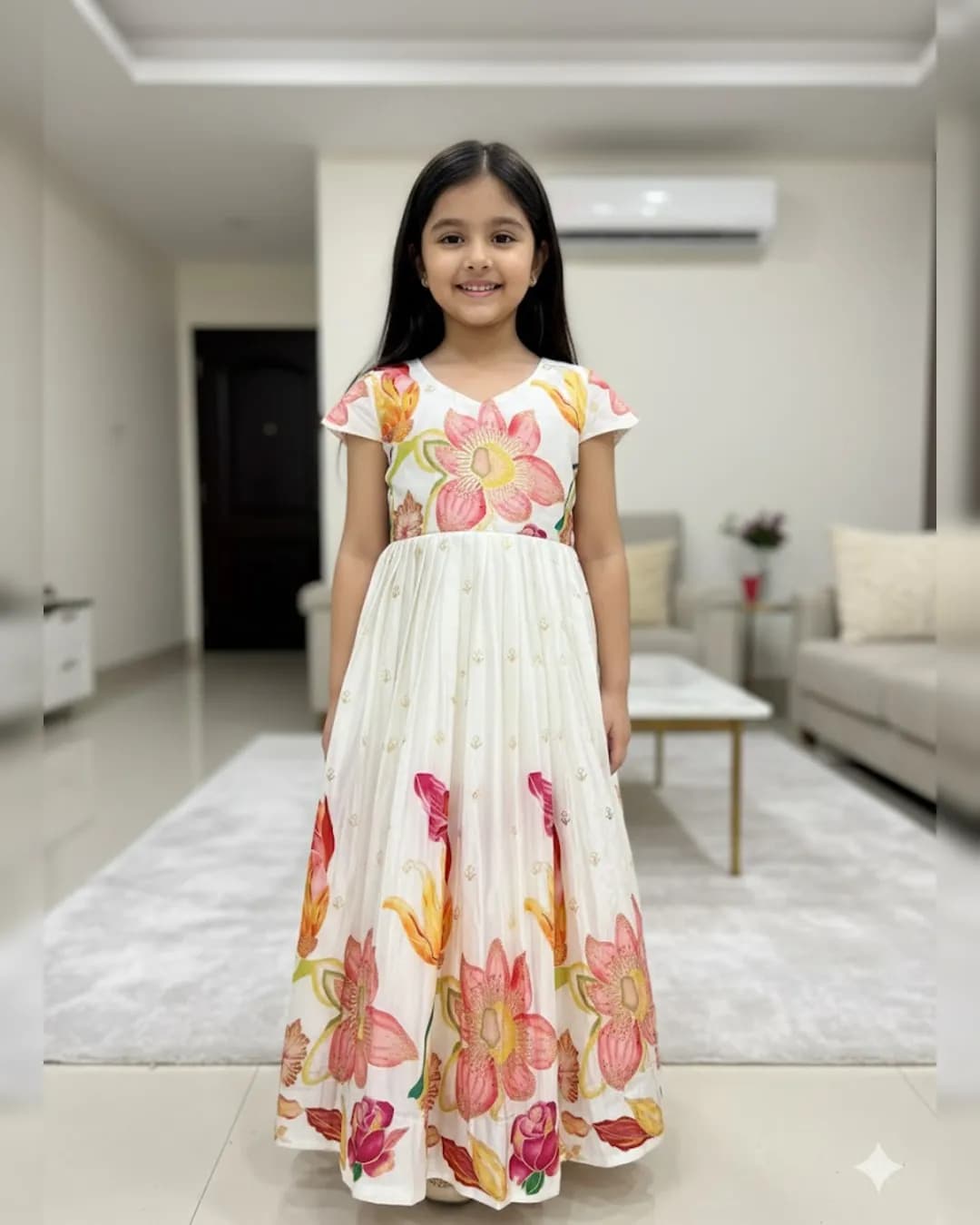 Kids Designer Pure Chinon Silk Full Flare Gown with Heavy Foil Print Work alternate view
