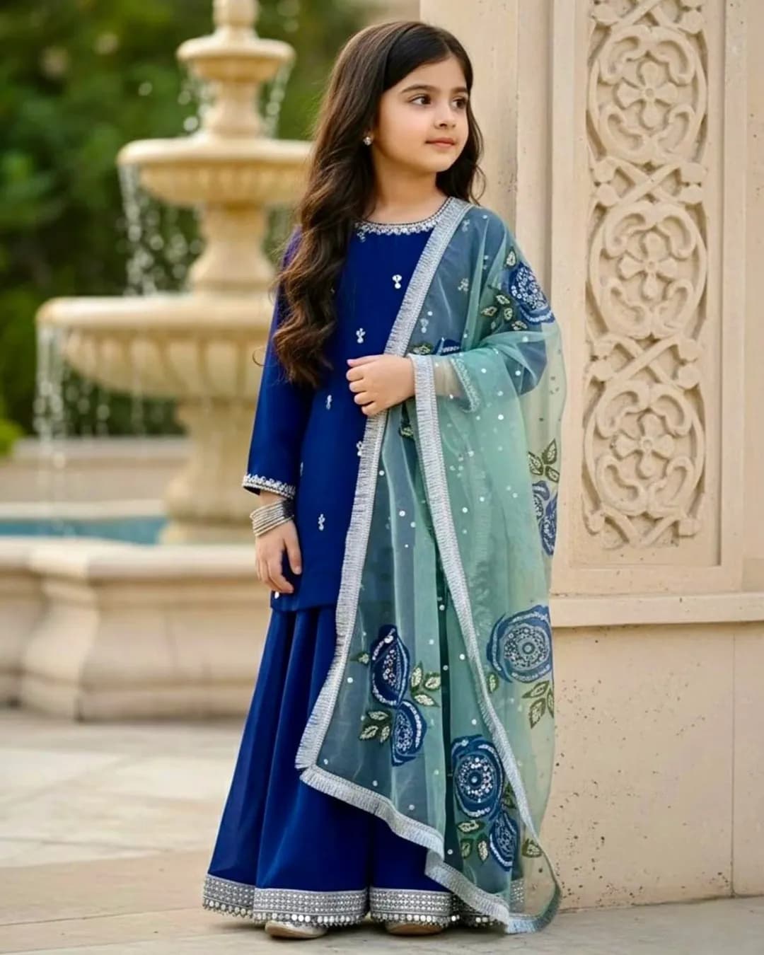 Designer Viscose Velvet Top Sharara & Dupatta Set for Kids with Heavy Embroidery