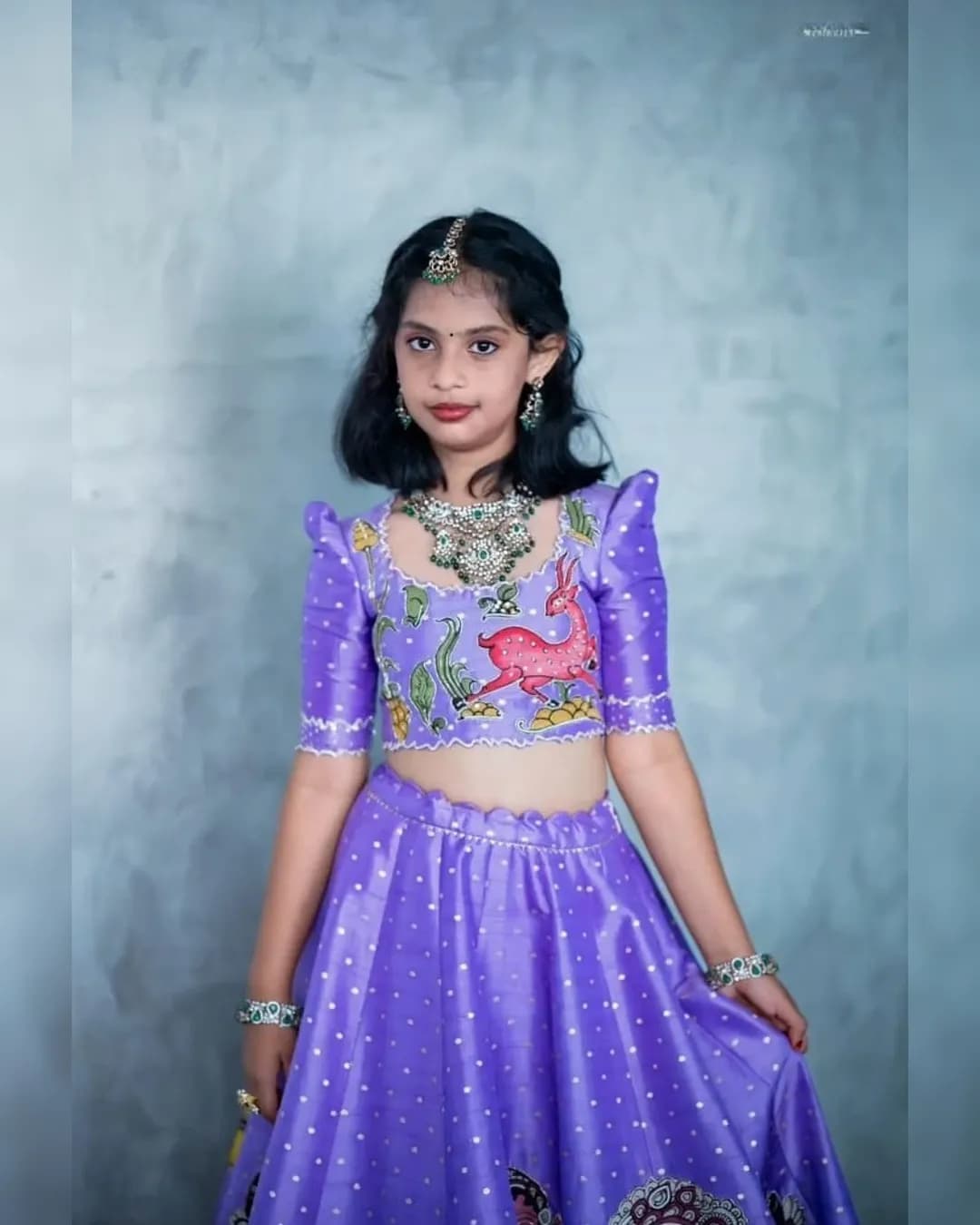 Trending Kalamkari Printed & Embroidered Chinon Silk Lehenga Blouse Set for Kids alternate view