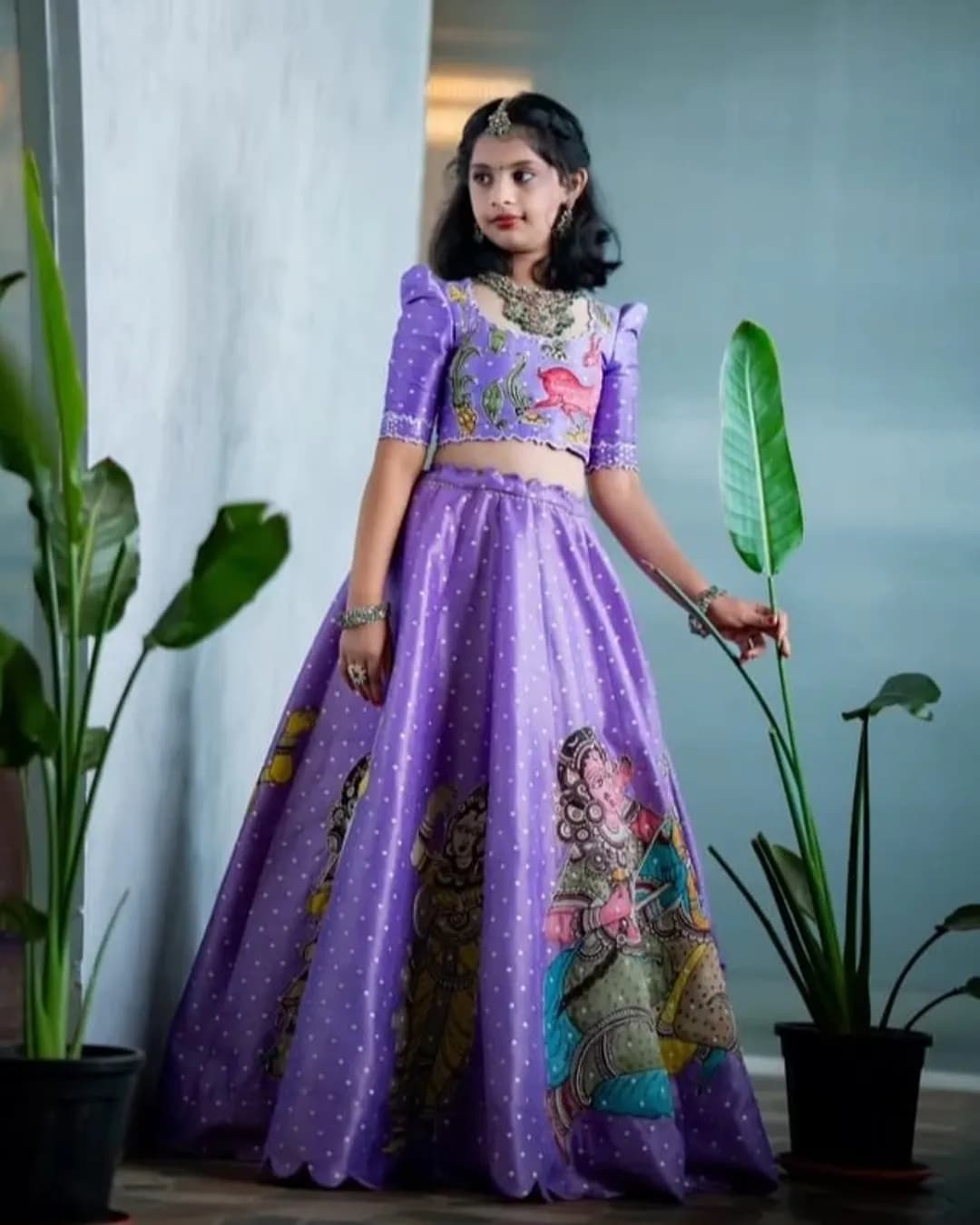 Trending Kalamkari Printed & Embroidered Chinon Silk Lehenga Blouse Set for Kids