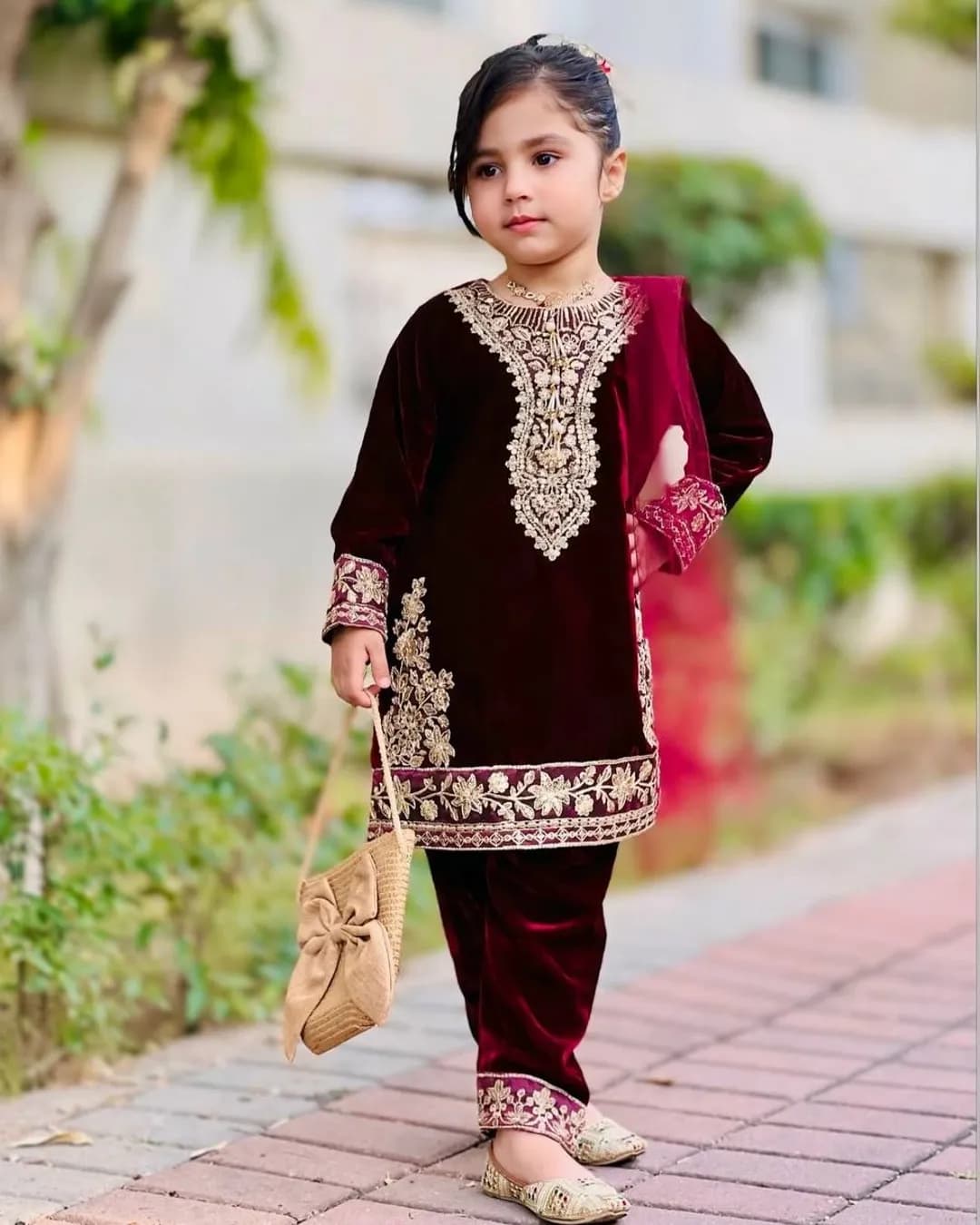 Premium Designer Ready-Made Viscose Velvet Top Bottom & Dupatta Set for Kids