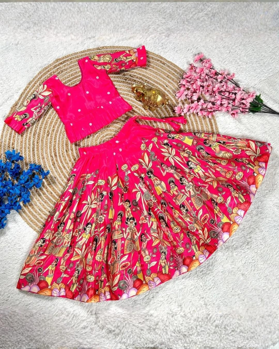Festive Special Kids Kalamkari Print Lehenga Choli Set in Dola Silk