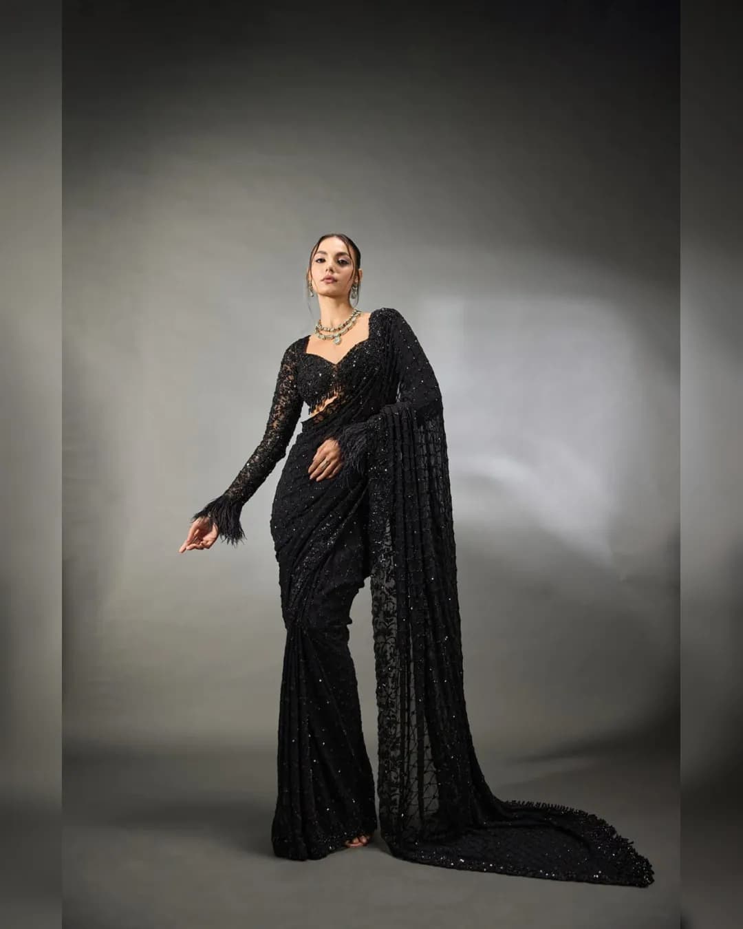 New Trending Bollywood Blockbuster Heavy Sequins Embroidery Faux Georgette Saree alternate view