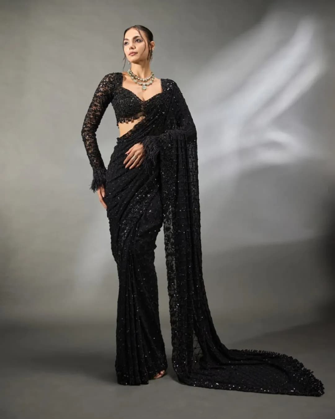 New Trending Bollywood Blockbuster Heavy Sequins Embroidery Faux Georgette Saree