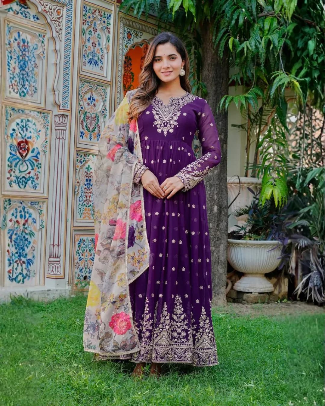 Festive Elegance Georgette Thread & Sequence Work Gown with Bottom & Dupatta