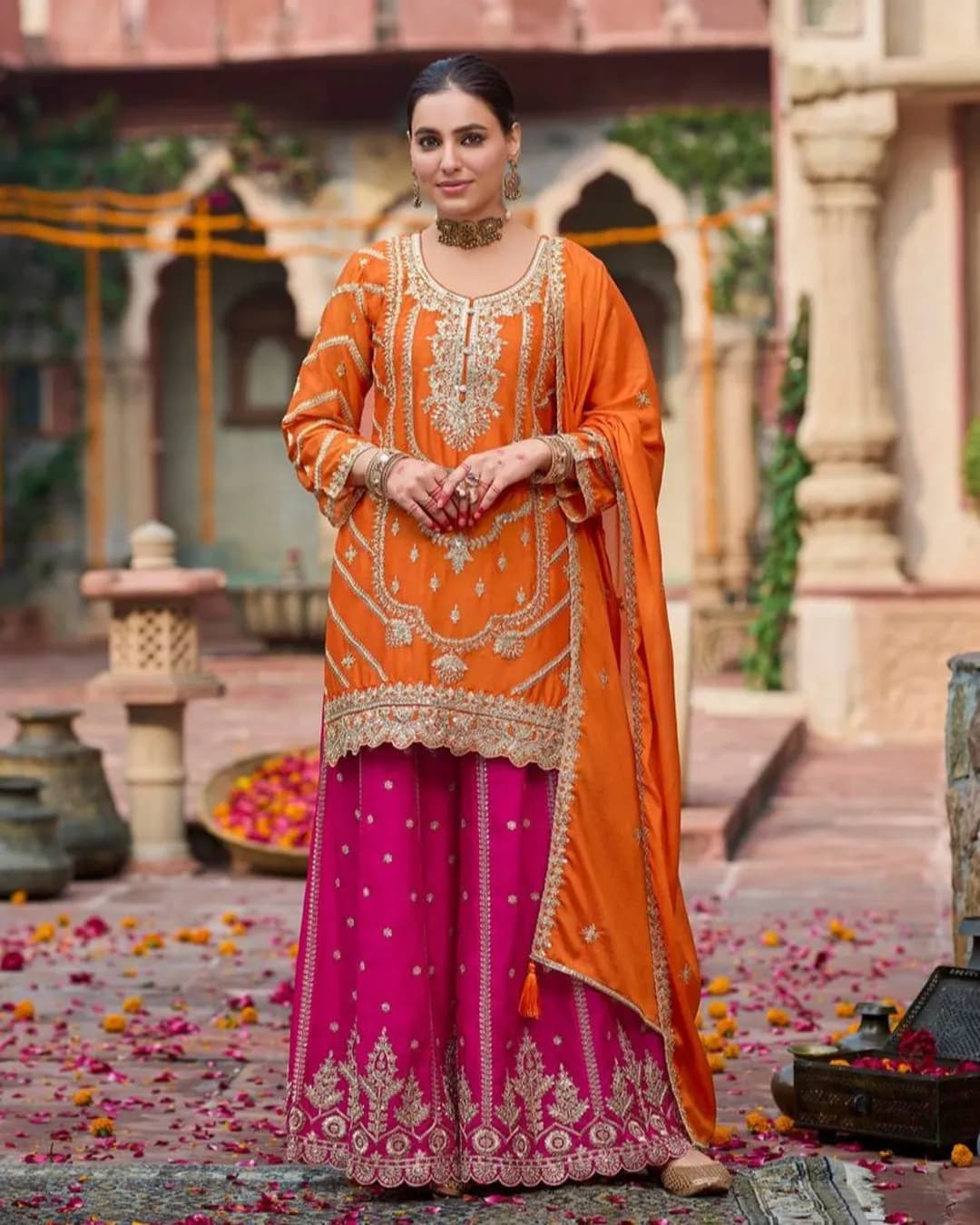 Elegant Chinon Silk Thread & Sequins Work Top-Sharara Dupatta Set