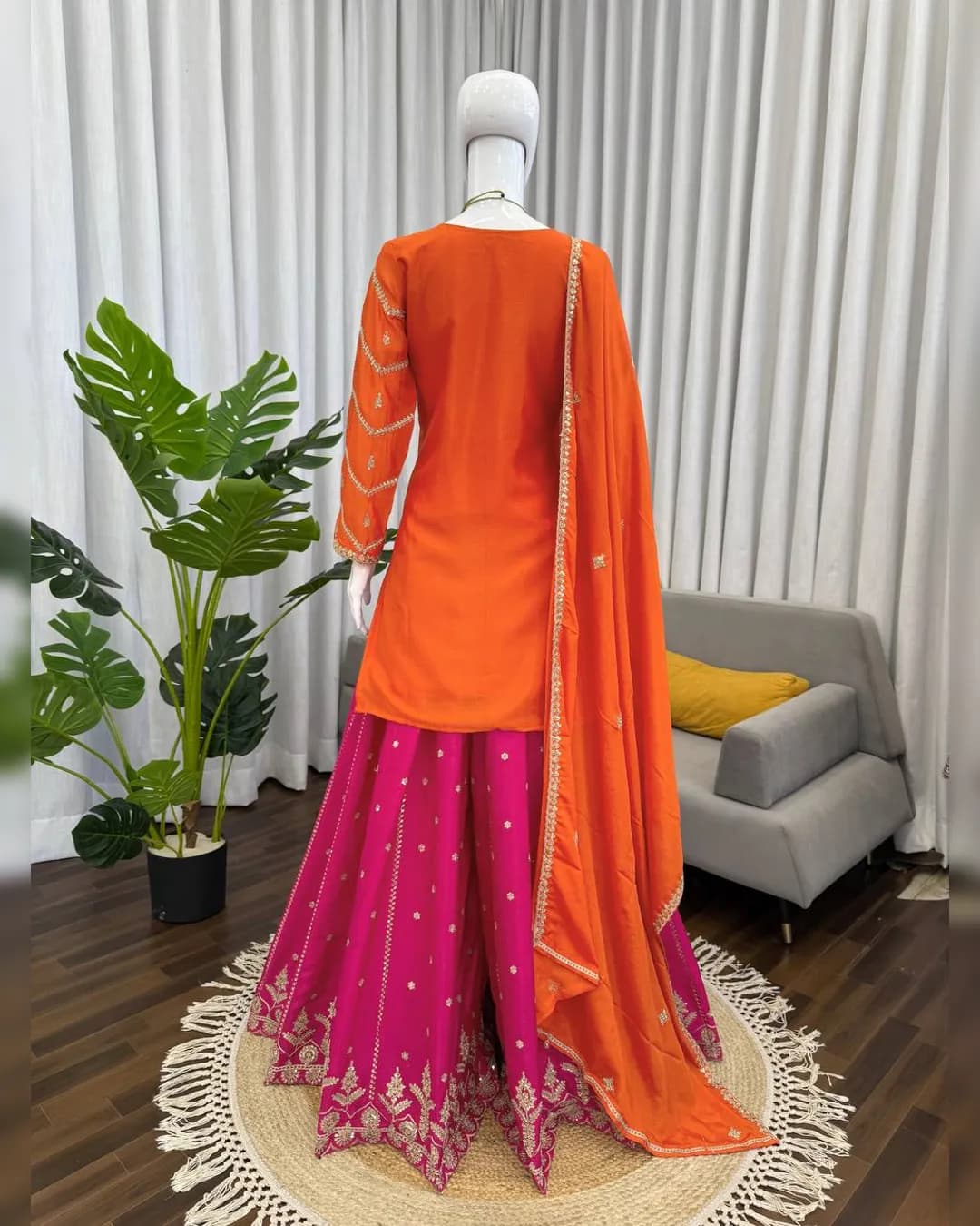 Elegant Chinon Silk Thread & Sequins Work Top-Sharara Dupatta Set alternate view