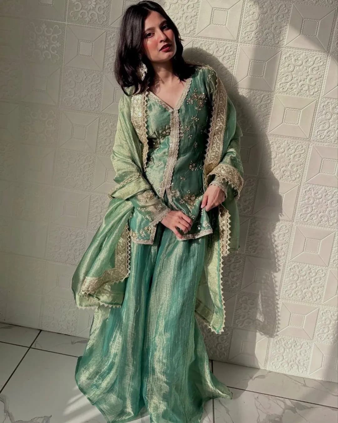 Designer Party Wear Pure Fendi Silk Top Plazzo & Dupatta Set with Heavy Embroidery