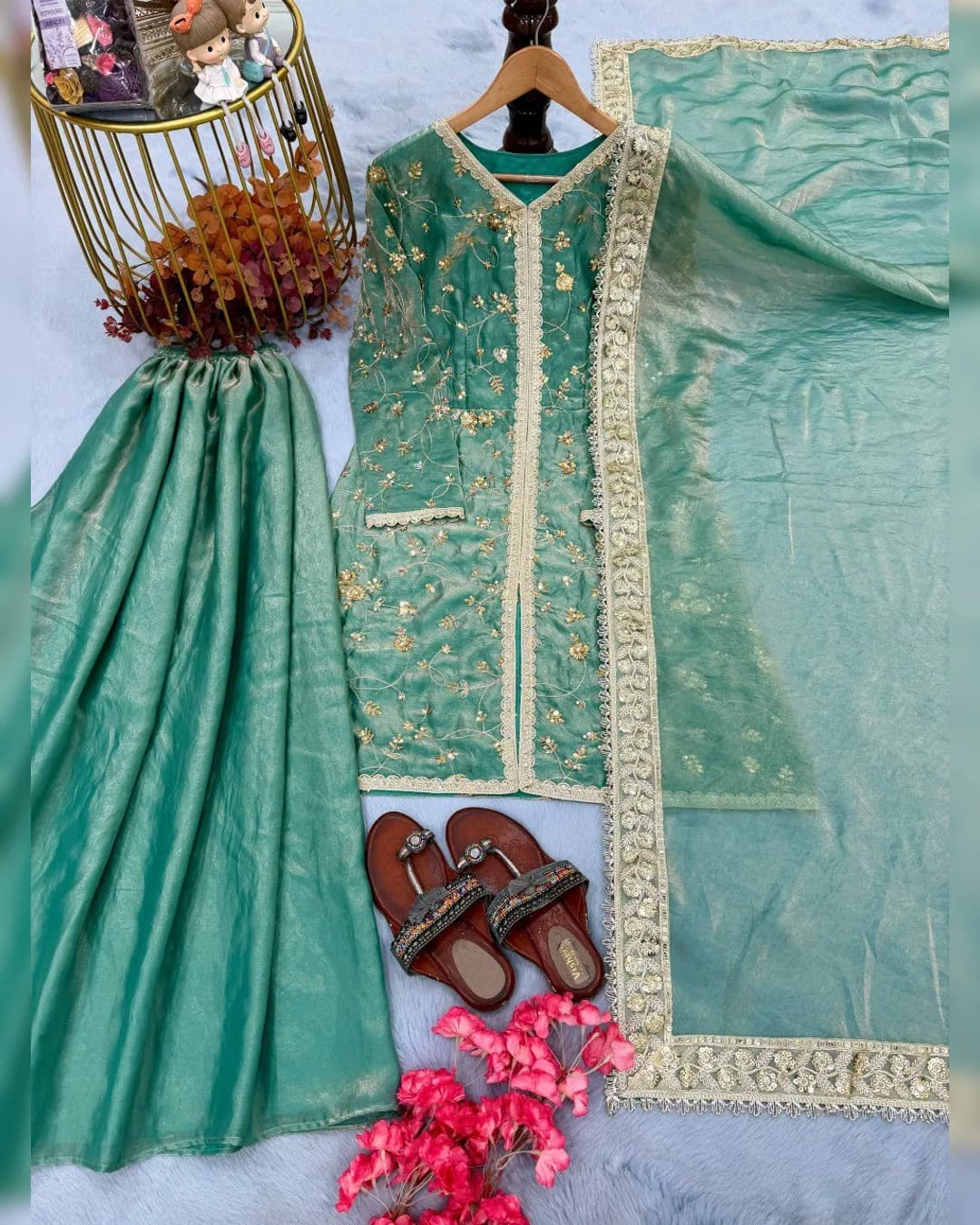 Designer Party Wear Pure Fendi Silk Top Plazzo & Dupatta Set with Heavy Embroidery alternate view