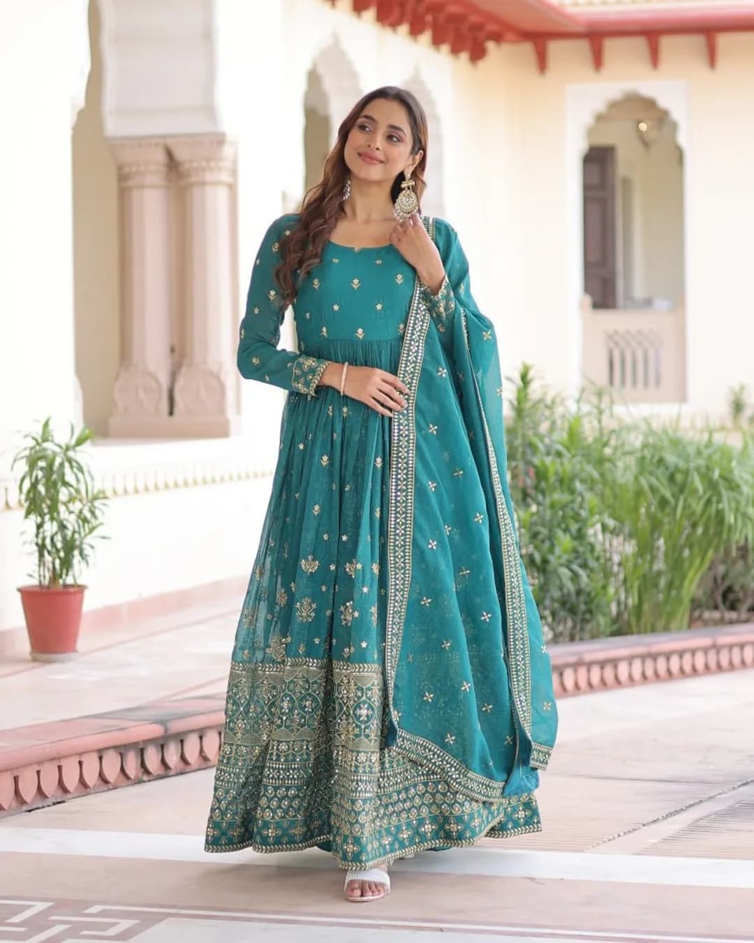 Party Wear Silver Crunchy Sequins Embroidered Gown with Dupatta