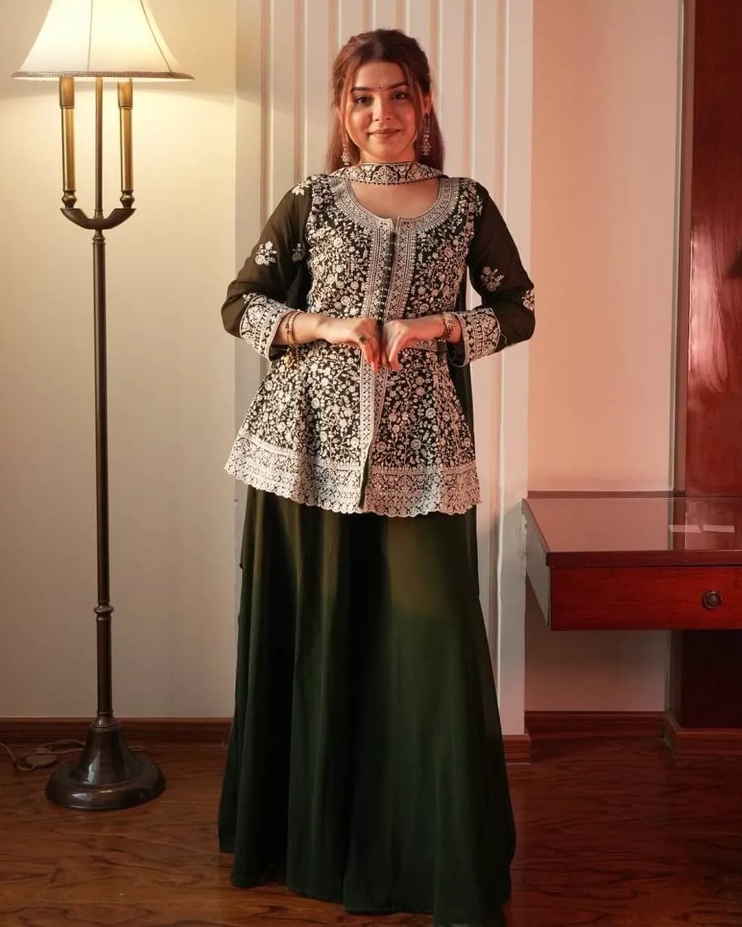 Designer Embroidered Georgette Peplum Top with Plazzo & Dupatta Set