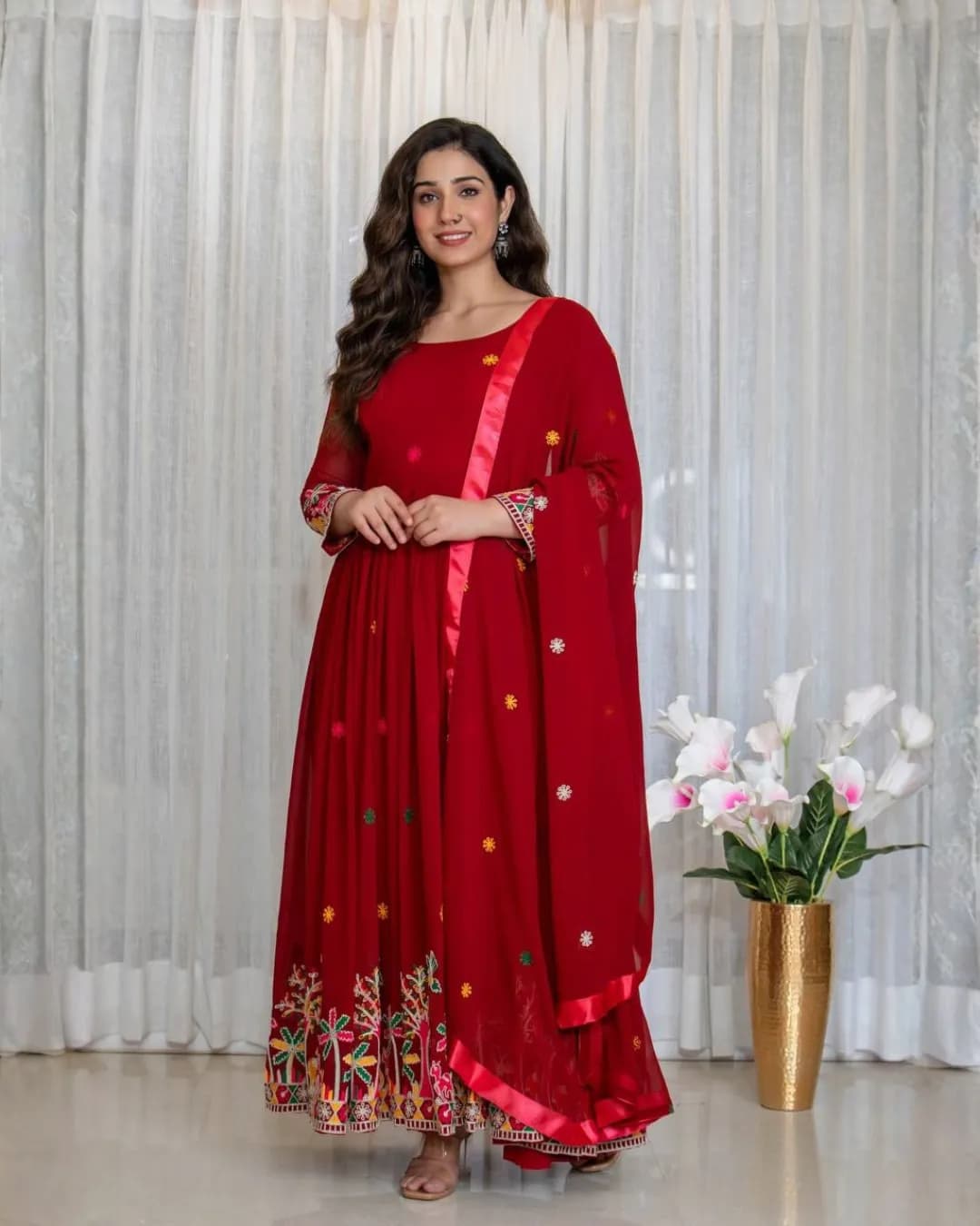 New Launch Pure Fox Georgette Shine Embroidery Work Gown with Bottom & Dupatta