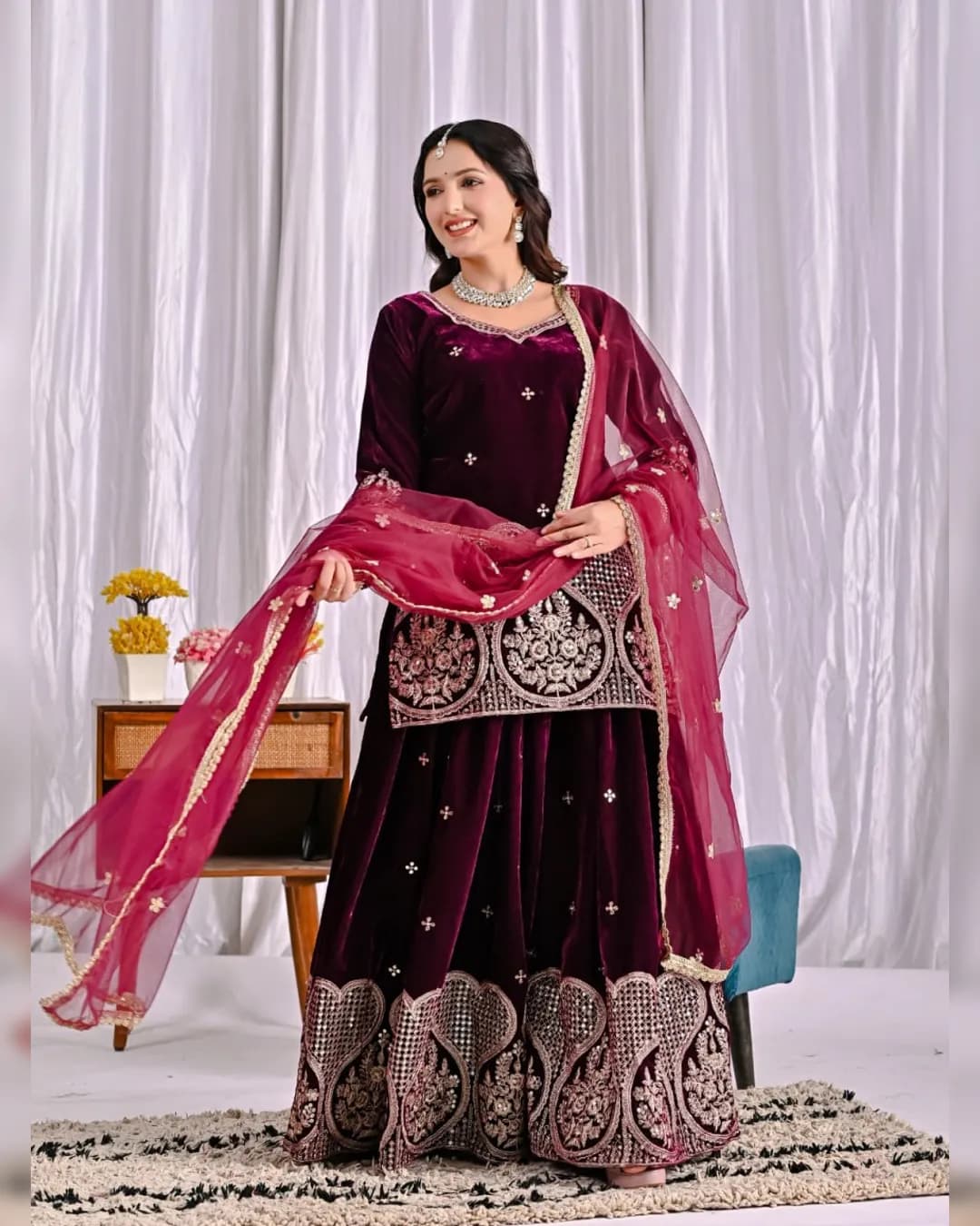 Designer Party Wear Heavy Velvet Embroidered Top Sharara Palazzo & Dupatta Set alternate view