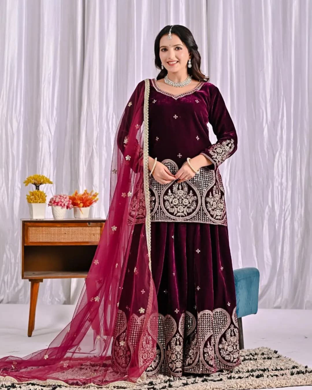 Designer Party Wear Heavy Velvet Embroidered Top Sharara Palazzo & Dupatta Set
