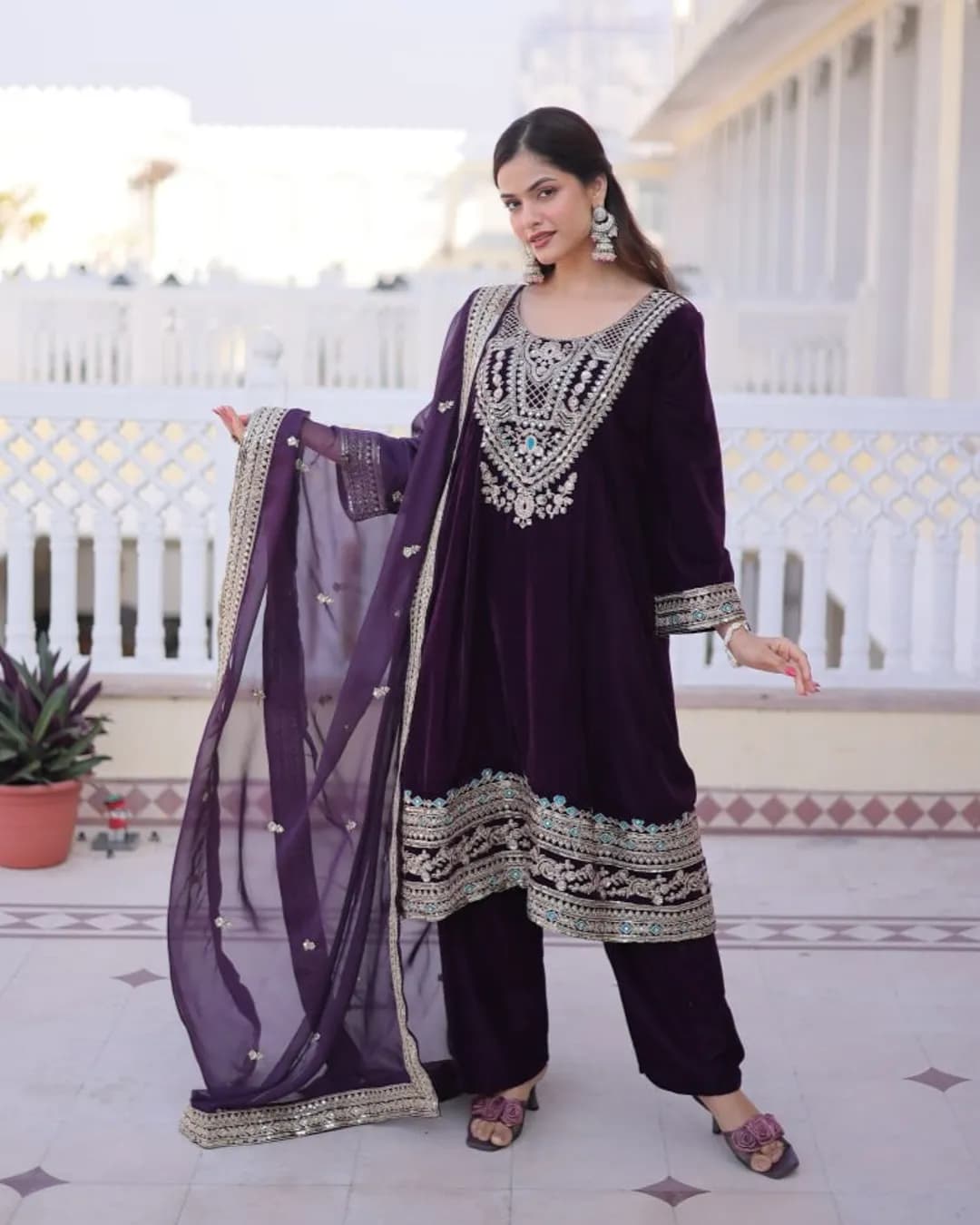 Readymade Velvet Rich Sequins Embroidered Top Pant & Dupatta Set alternate view