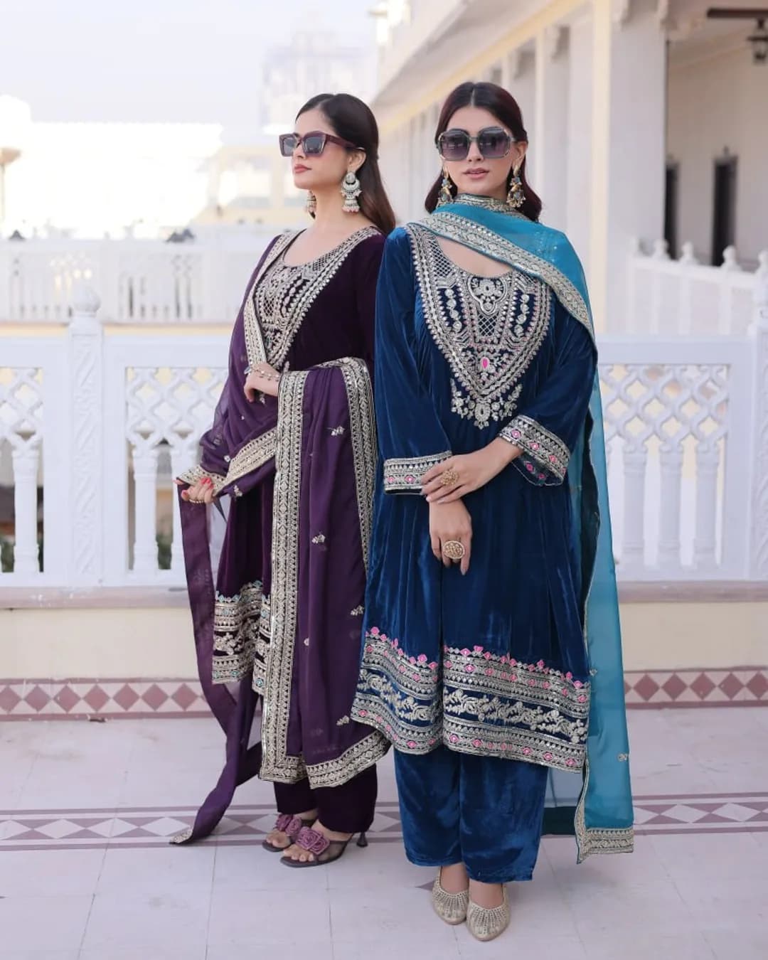 Readymade Velvet Rich Sequins Embroidered Top Pant & Dupatta Set